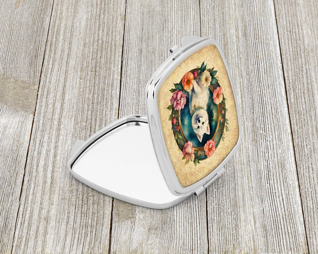 Japanese Spitz and Flowers Compact Mirror Decorative Travel Makeup Mirror for Women Girls Gifts Pocket Makeup Mirror Folding Handheld