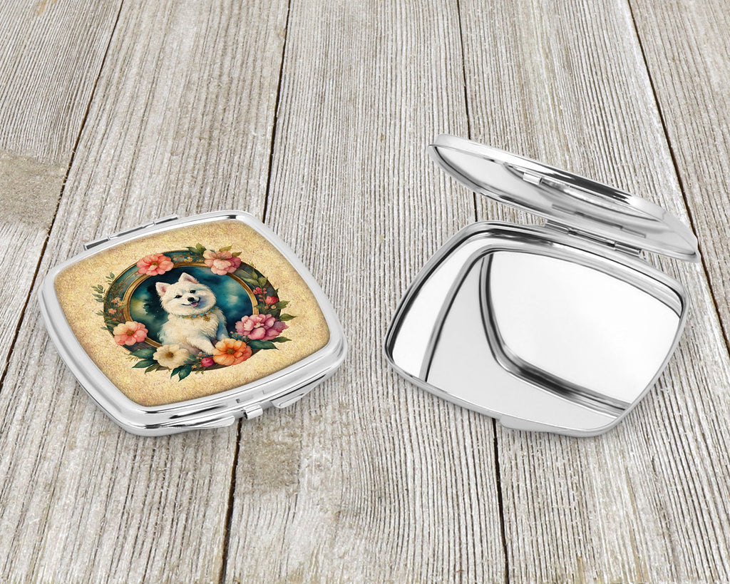 Japanese Spitz and Flowers Compact Mirror Decorative Travel Makeup Mirror for Women Girls Gifts Pocket Makeup Mirror Folding Handheld