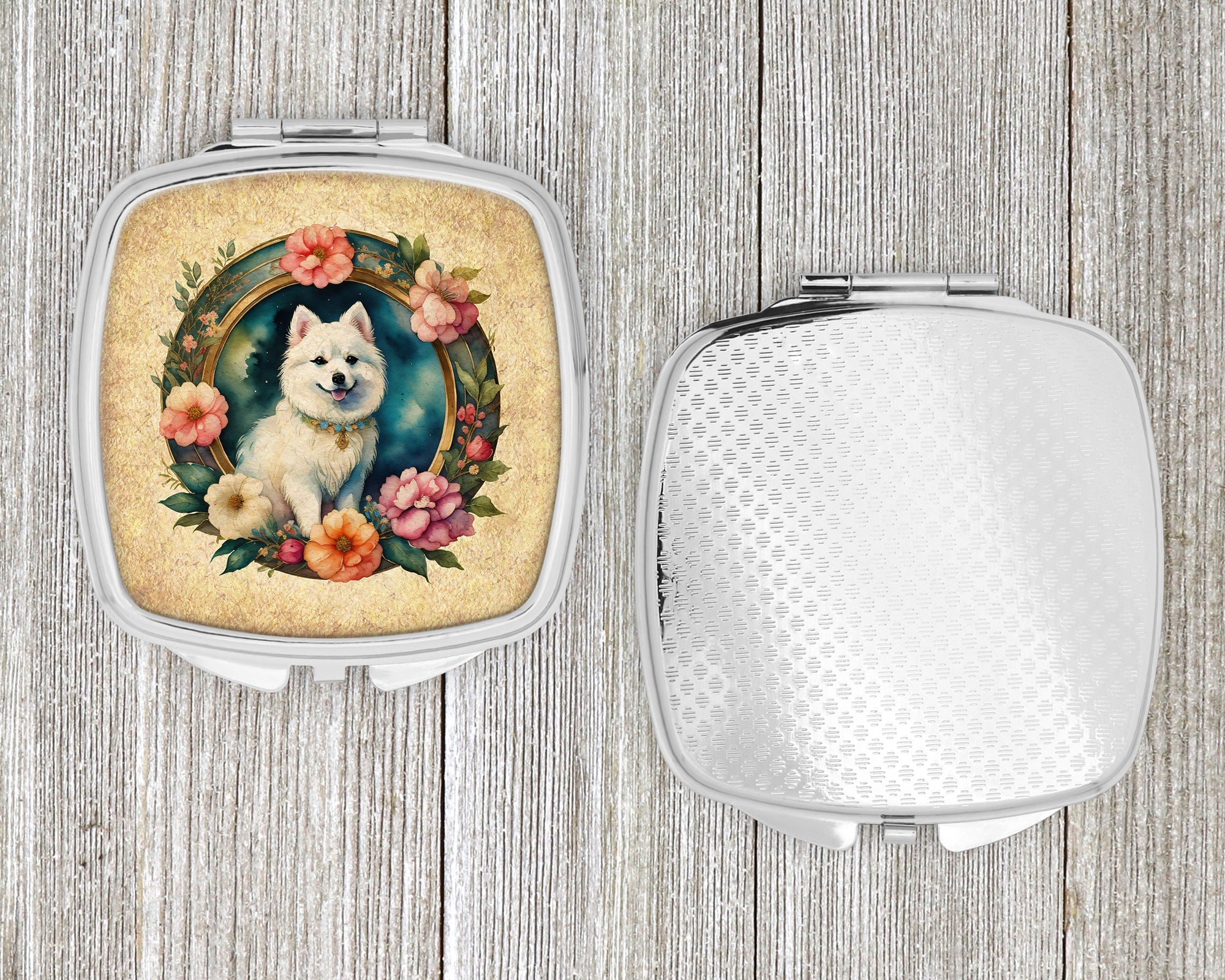 Japanese Spitz and Flowers Compact Mirror Decorative Travel Makeup Mirror for Women Girls Gifts Pocket Makeup Mirror Folding Handheld