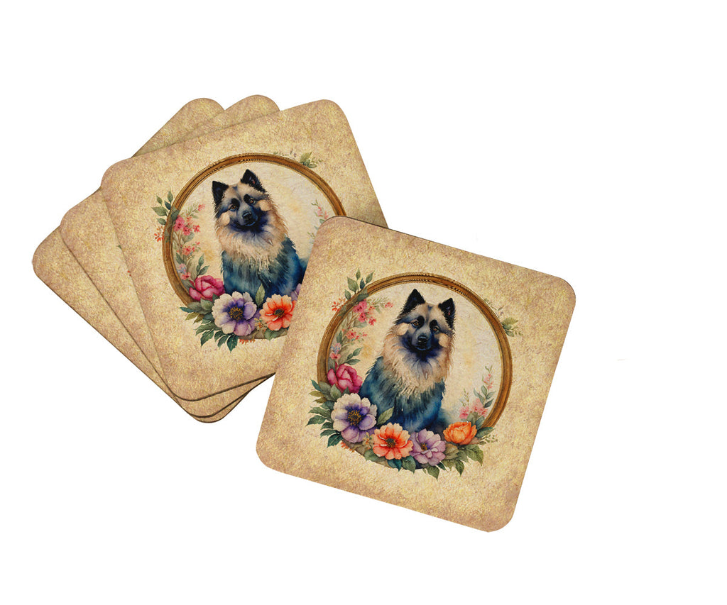 Keeshond and Flowers Foam Coasters Set of 4 Cup Coasters for Indoor Outdoor, Tabletop Protection, Anti Slip, Mouse pad Material