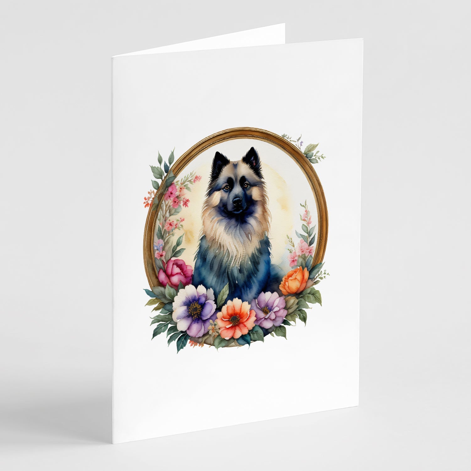 Keeshond and Flowers Greeting Cards Pack of 8 Blank Cards with Envelopes Whimsical A7 Size 5x7