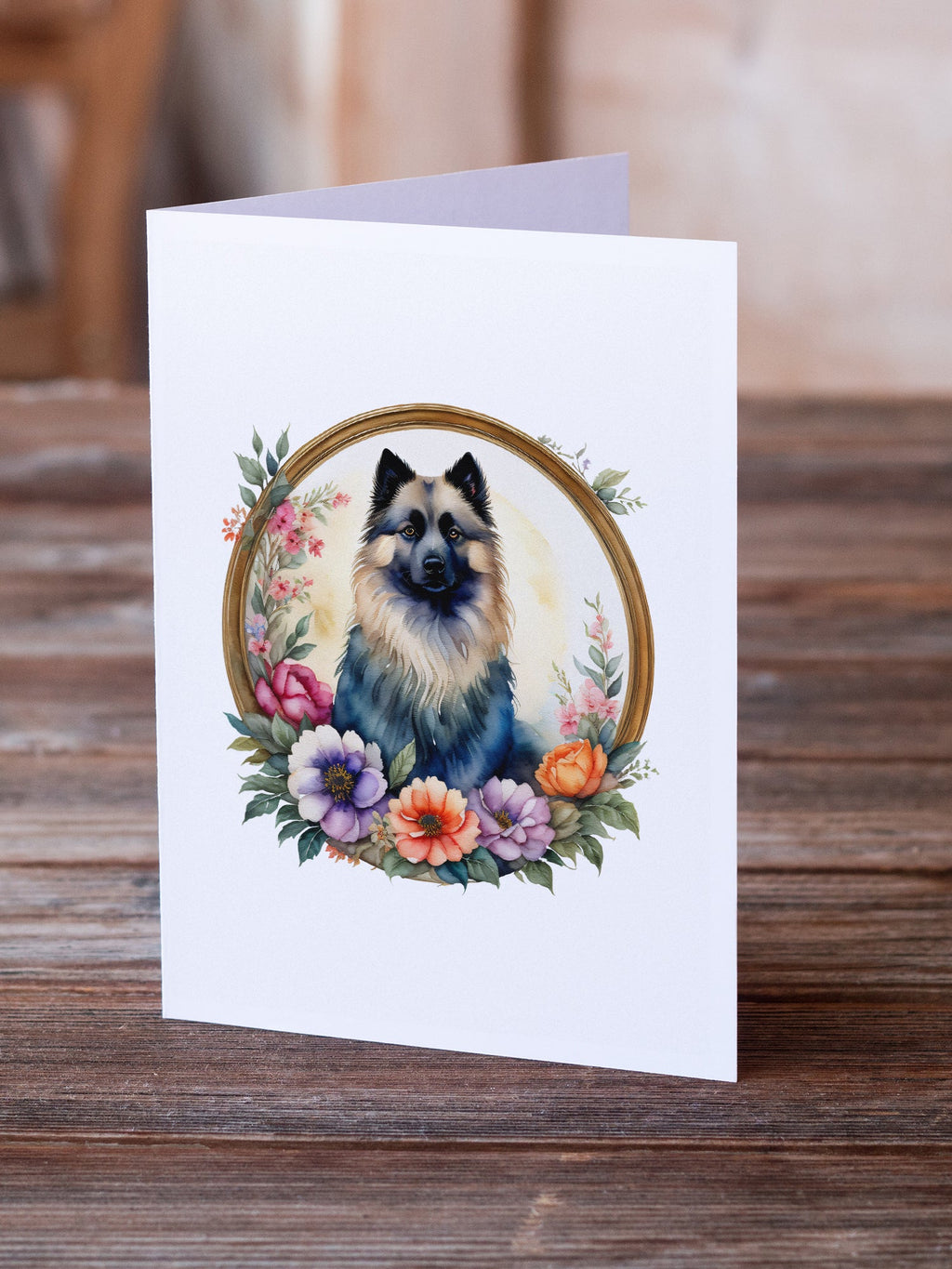 Keeshond and Flowers Greeting Cards Pack of 8 Blank Cards with Envelopes Whimsical A7 Size 5x7
