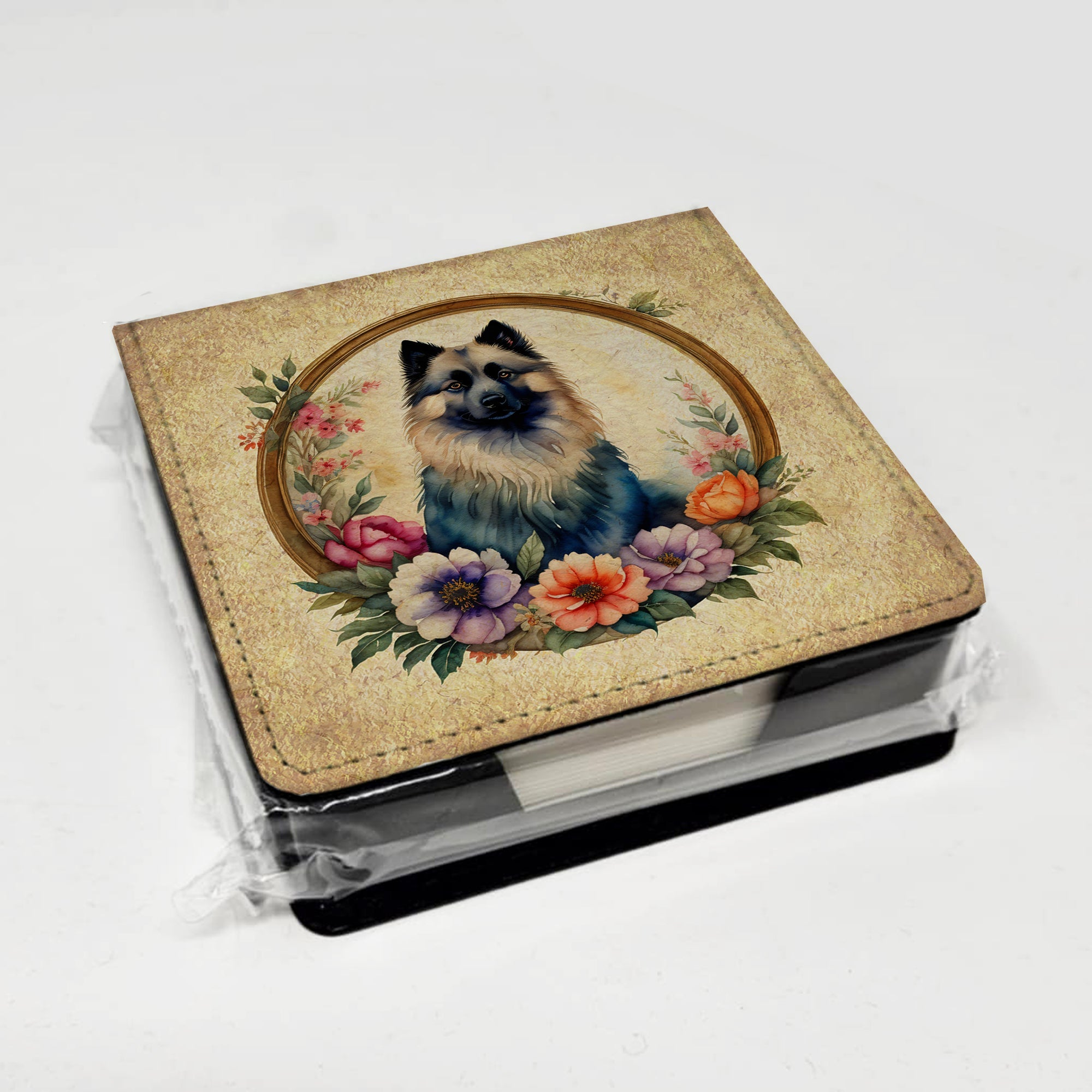 Keeshond and Flowers PU Leather Note Paper Holder with Artist-Designed Cover, Desk Accessory, Office Gift