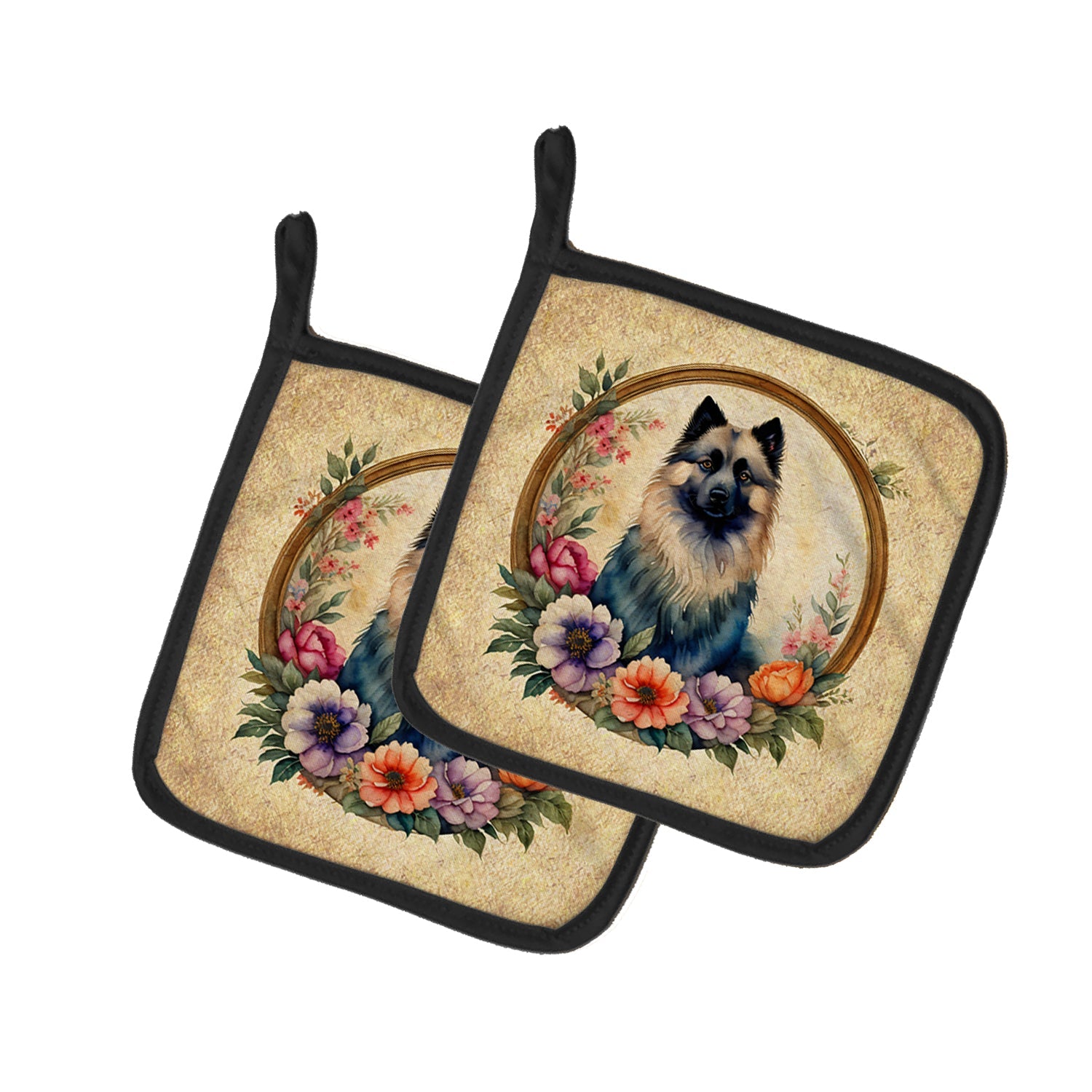 Keeshond and Flowers Pot Holder Set of 2 Heat Resistant Quilted Hot Pads 7.5 x 7.5 Inch, Insulated Kitchen Trivets for Cooking & Baking