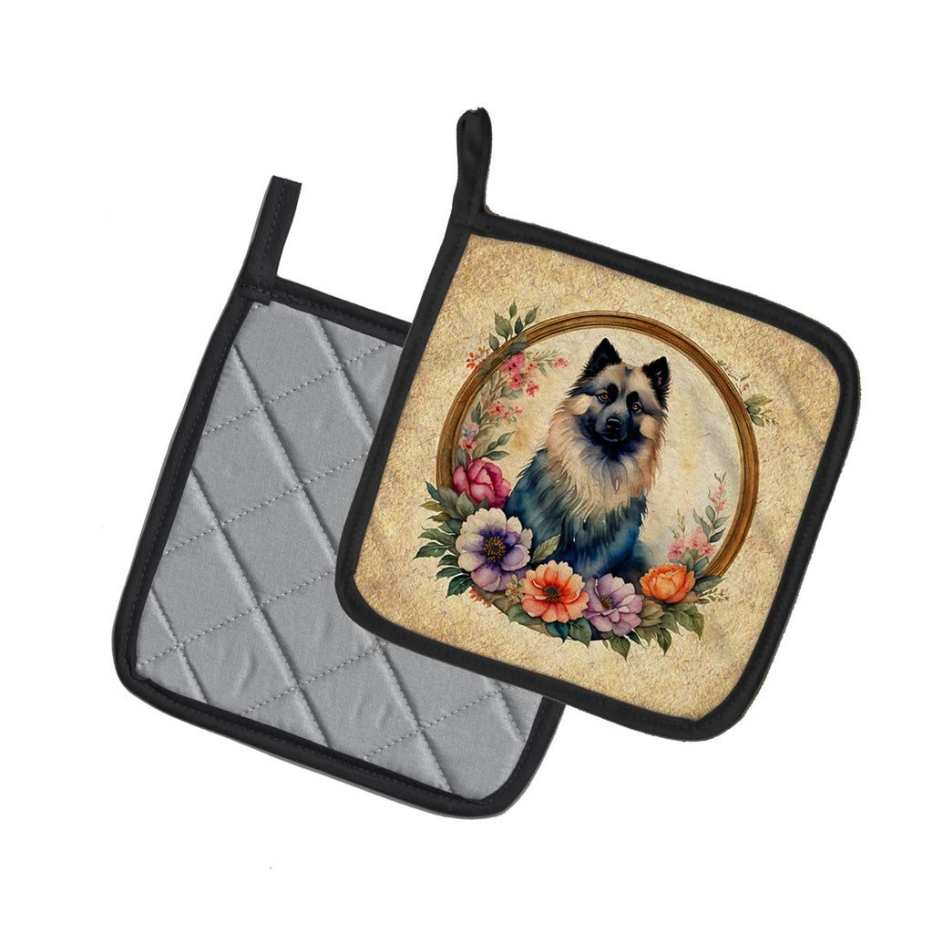 Keeshond and Flowers Pot Holder Set of 2 Heat Resistant Quilted Hot Pads 7.5 x 7.5 Inch, Insulated Kitchen Trivets for Cooking & Baking