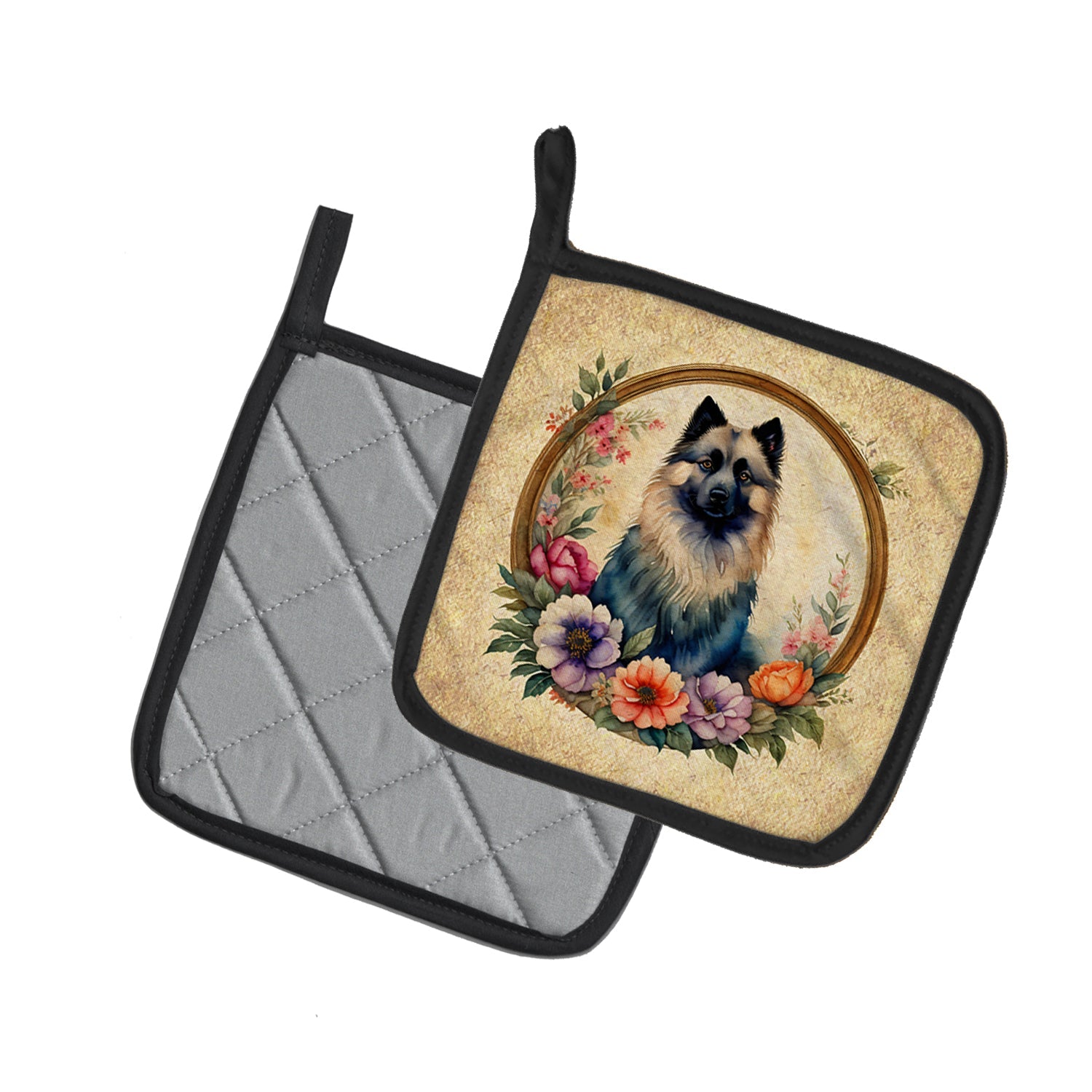 Keeshond and Flowers Pot Holder Set of 2 Heat Resistant Quilted Hot Pads 7.5 x 7.5 Inch, Insulated Kitchen Trivets for Cooking & Baking