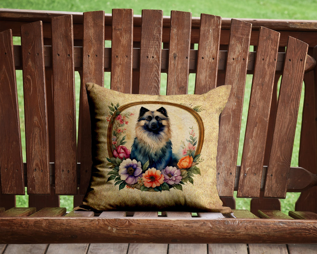 Keeshond and Flowers Decorative Throw Pillow 14x14 Indoor Outdoor Accent Cushion, Fabric Cover with Insert for Sofa, Bed, Porch & Living Room
