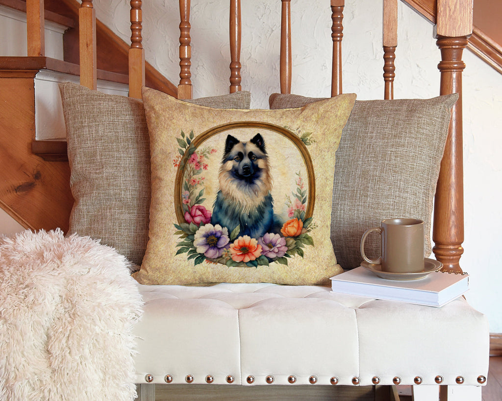 Keeshond and Flowers Decorative Throw Pillow 14x14 Indoor Outdoor Accent Cushion, Fabric Cover with Insert for Sofa, Bed, Porch & Living Room
