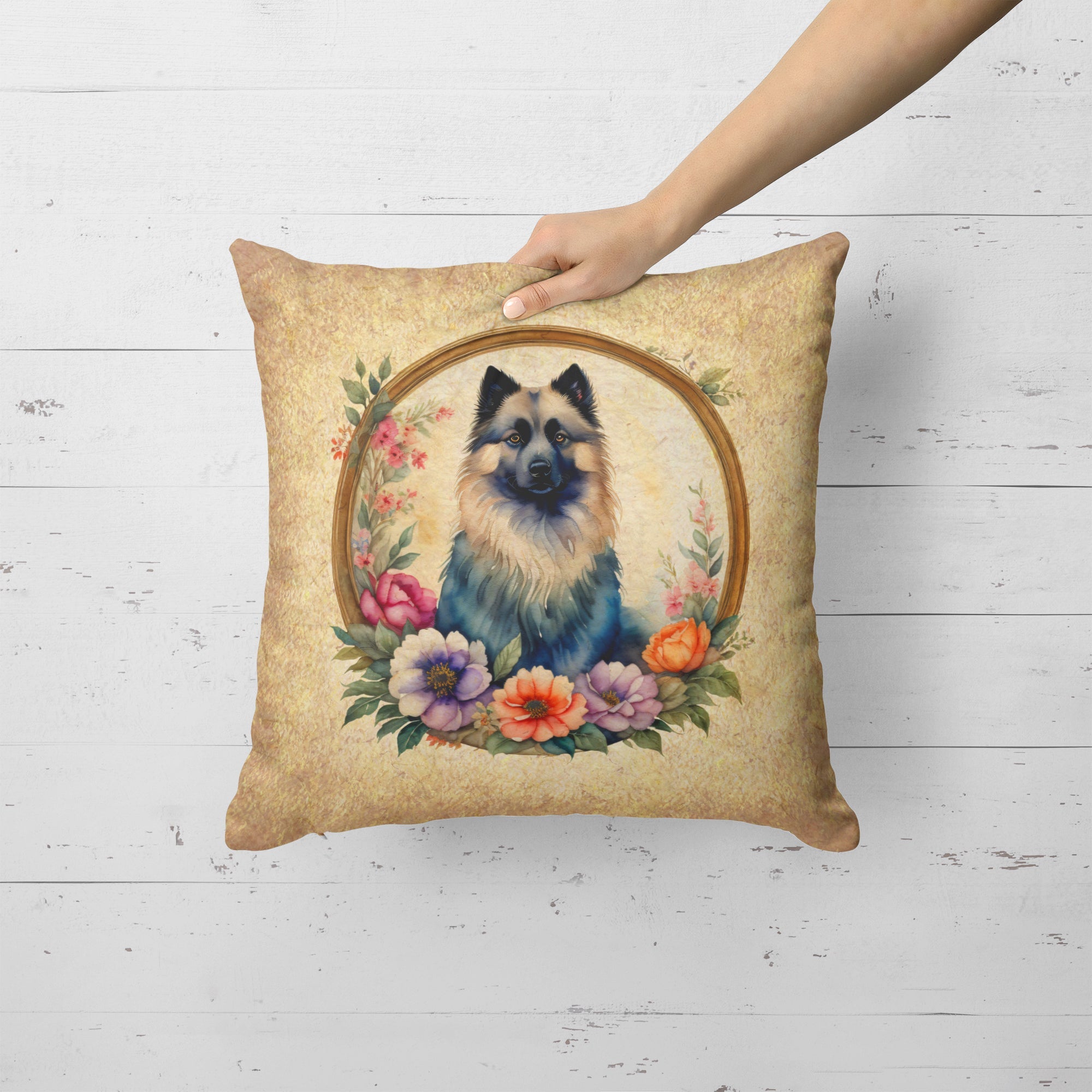 Keeshond and Flowers Decorative Throw Pillow 18x18 Indoor Outdoor Accent Cushion, Fabric Cover with Insert for Sofa, Bed, Porch & Living Room