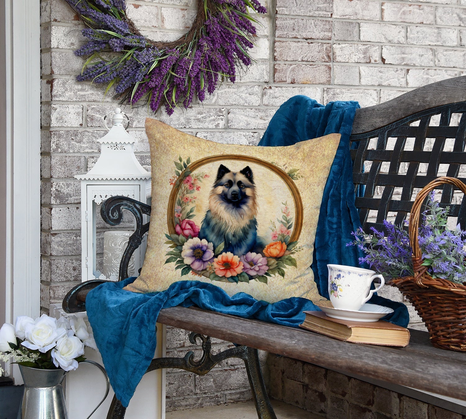 Keeshond and Flowers Decorative Throw Pillow 18x18 Indoor Outdoor Accent Cushion, Fabric Cover with Insert for Sofa, Bed, Porch & Living Room