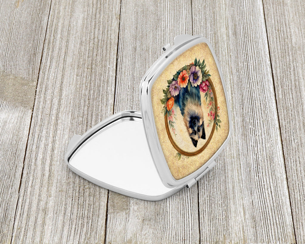 Keeshond and Flowers Compact Mirror Decorative Travel Makeup Mirror for Women Girls Gifts Pocket Makeup Mirror Folding Handheld