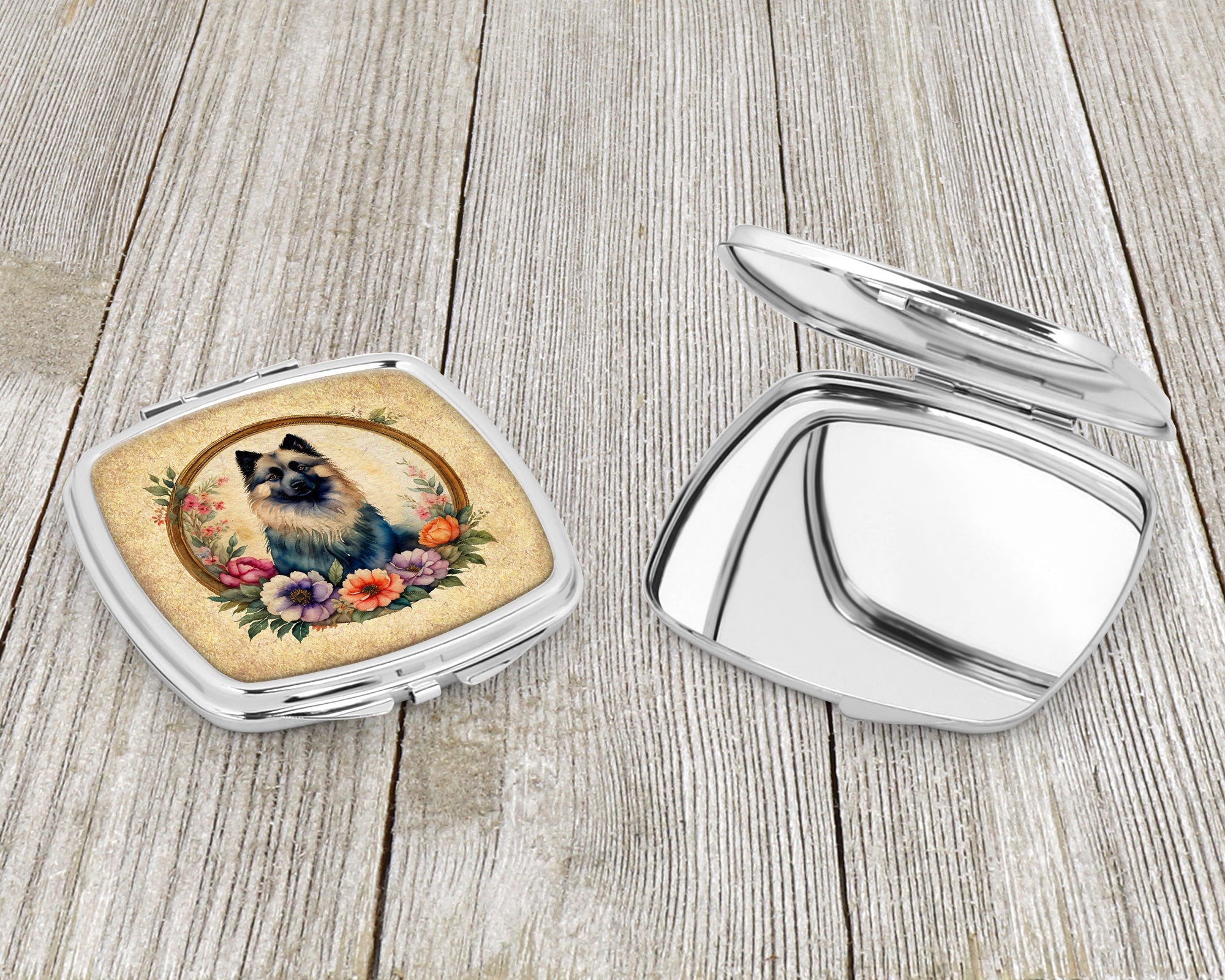 Keeshond and Flowers Compact Mirror Decorative Travel Makeup Mirror for Women Girls Gifts Pocket Makeup Mirror Folding Handheld