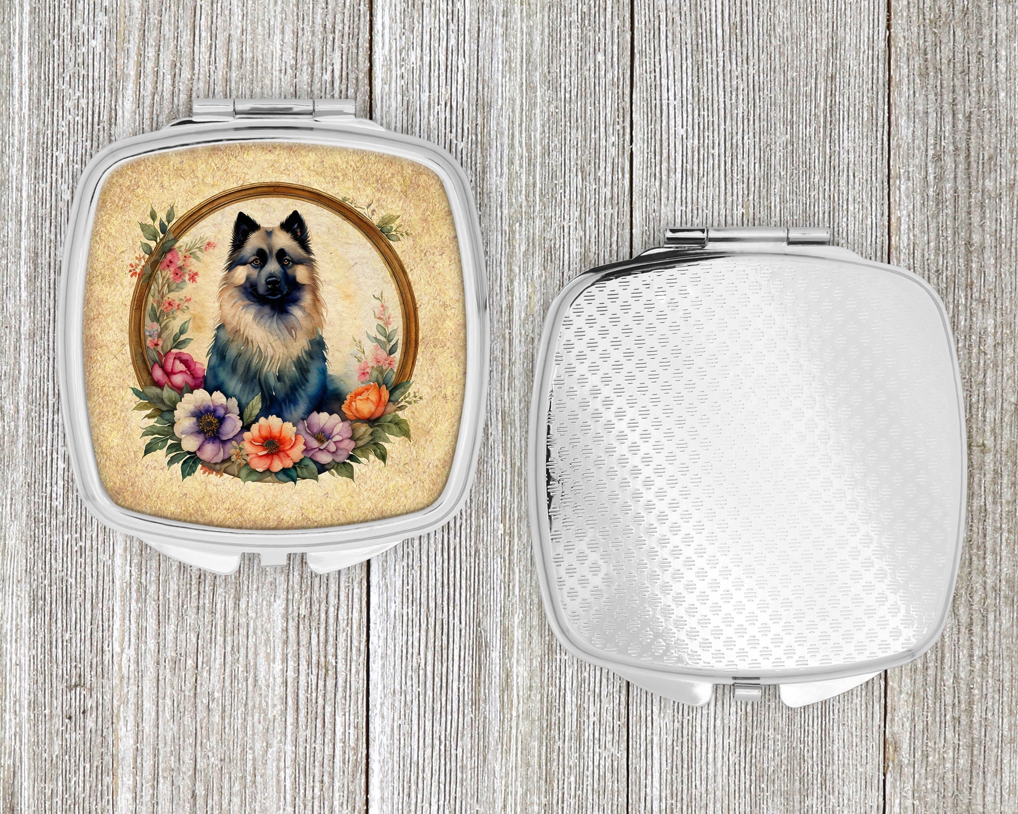 Keeshond and Flowers Compact Mirror Decorative Travel Makeup Mirror for Women Girls Gifts Pocket Makeup Mirror Folding Handheld