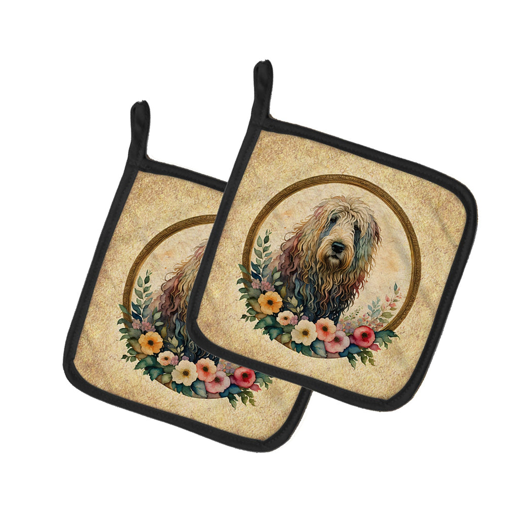 Komondor and Flowers Pot Holder Set of 2 Heat Resistant Quilted Hot Pads 7.5 x 7.5 Inch, Insulated Kitchen Trivets for Cooking & Baking