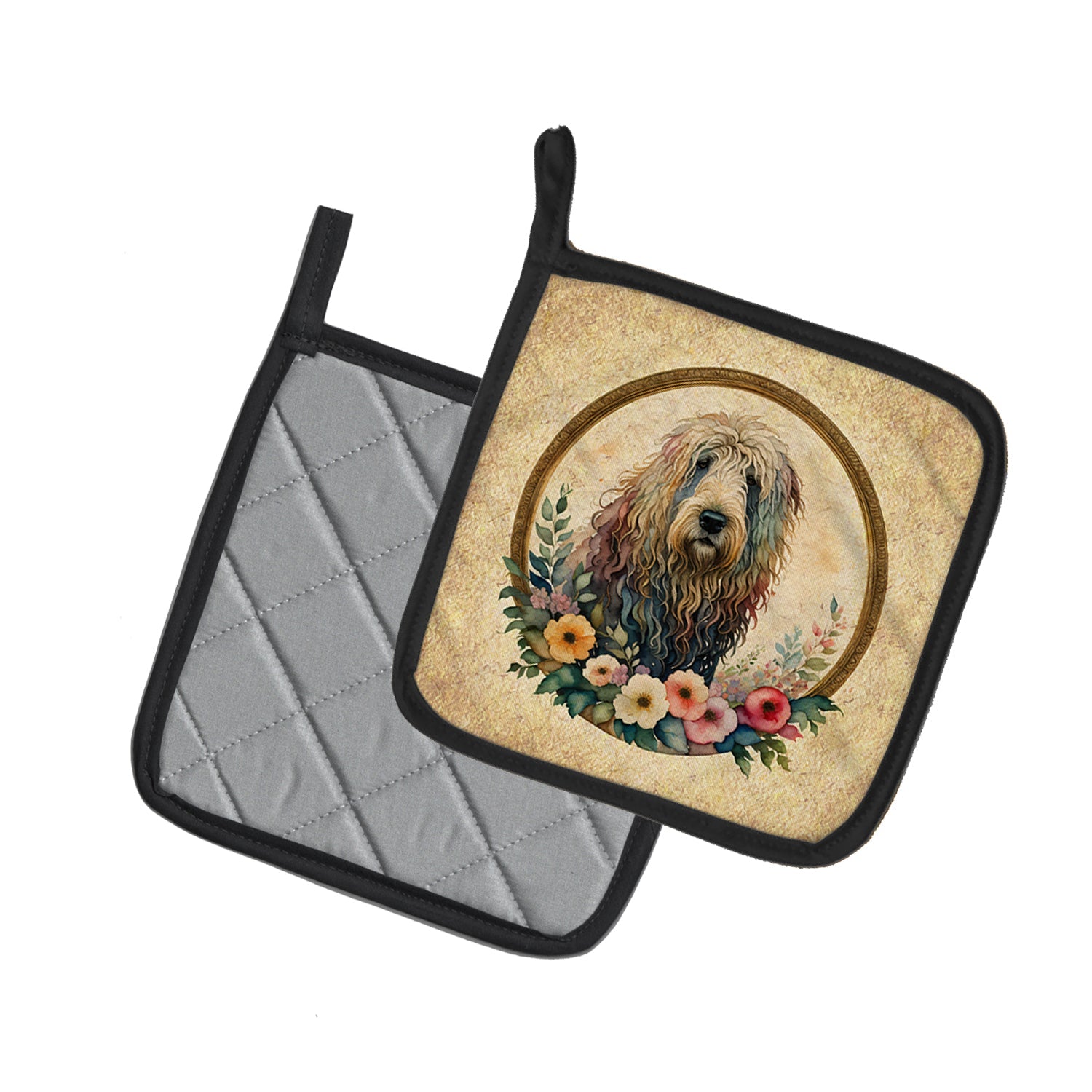 Komondor and Flowers Pot Holder Set of 2 Heat Resistant Quilted Hot Pads 7.5 x 7.5 Inch, Insulated Kitchen Trivets for Cooking & Baking