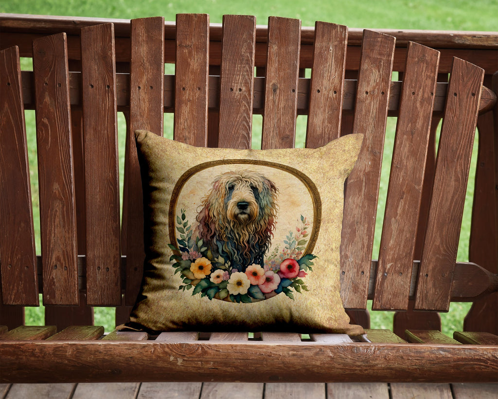 Komondor and Flowers Decorative Throw Pillow 14x14 Indoor Outdoor Accent Cushion, Fabric Cover with Insert for Sofa, Bed, Porch & Living Room