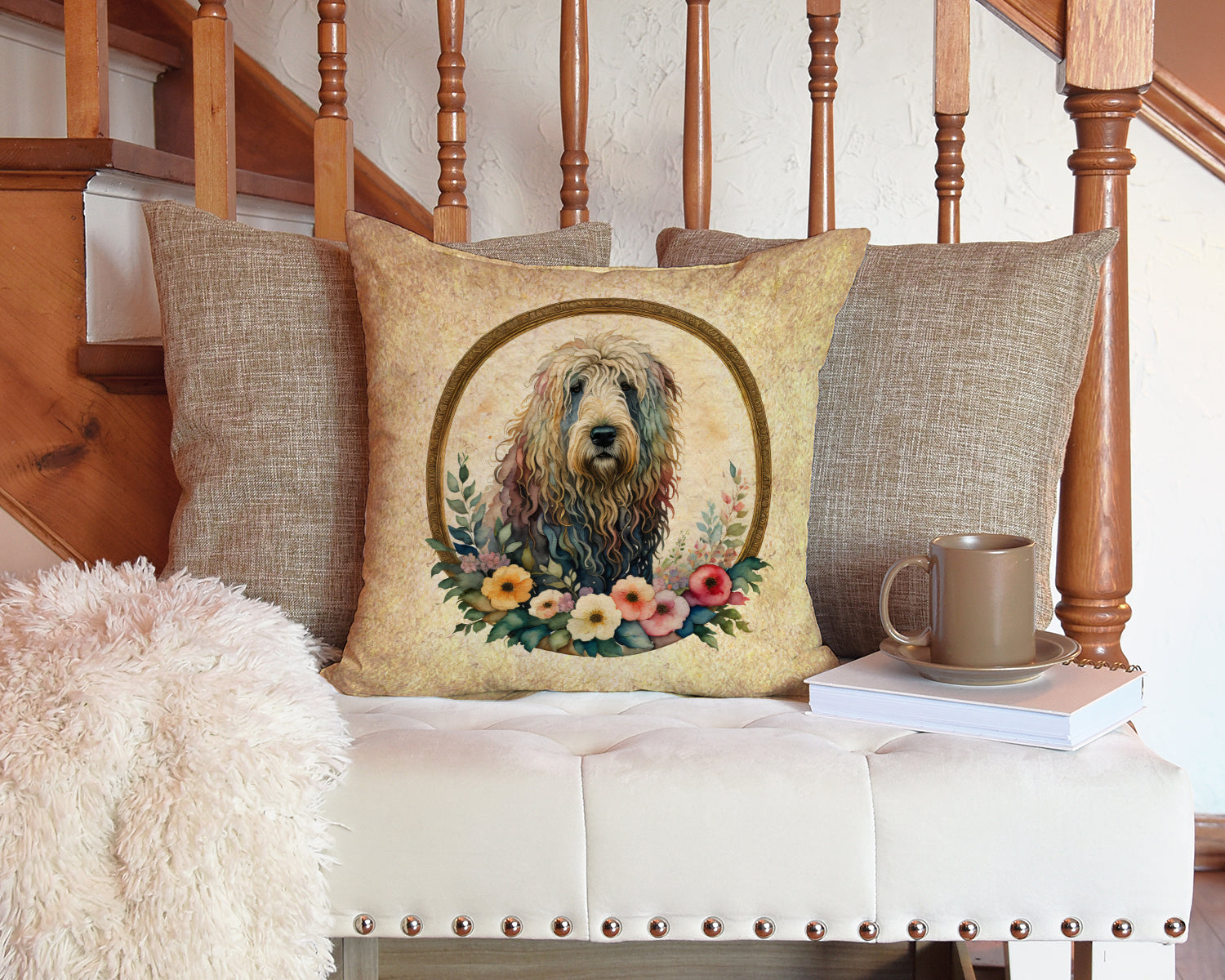 Komondor and Flowers Decorative Throw Pillow 14x14 Indoor Outdoor Accent Cushion, Fabric Cover with Insert for Sofa, Bed, Porch & Living Room