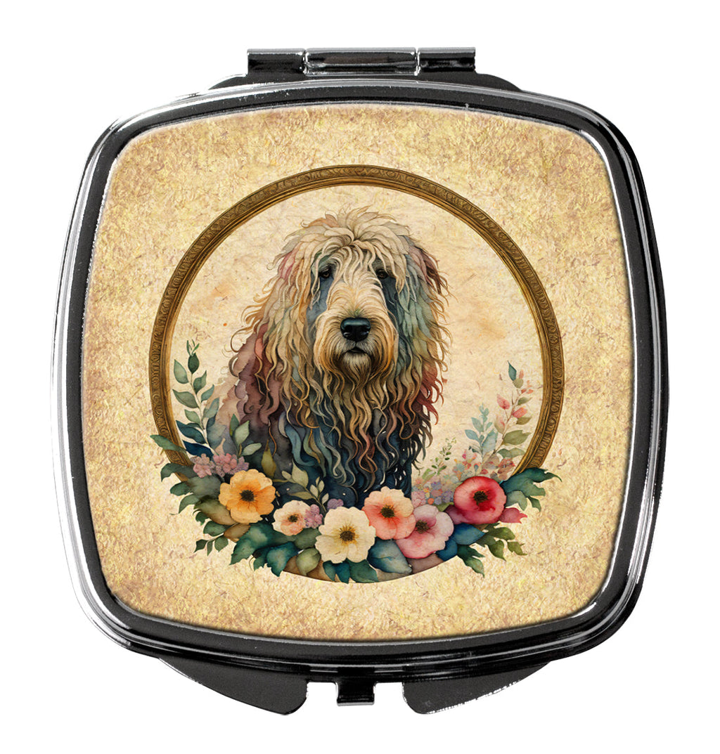 Komondor and Flowers Compact Mirror Decorative Travel Makeup Mirror for Women Girls Gifts Pocket Makeup Mirror Folding Handheld