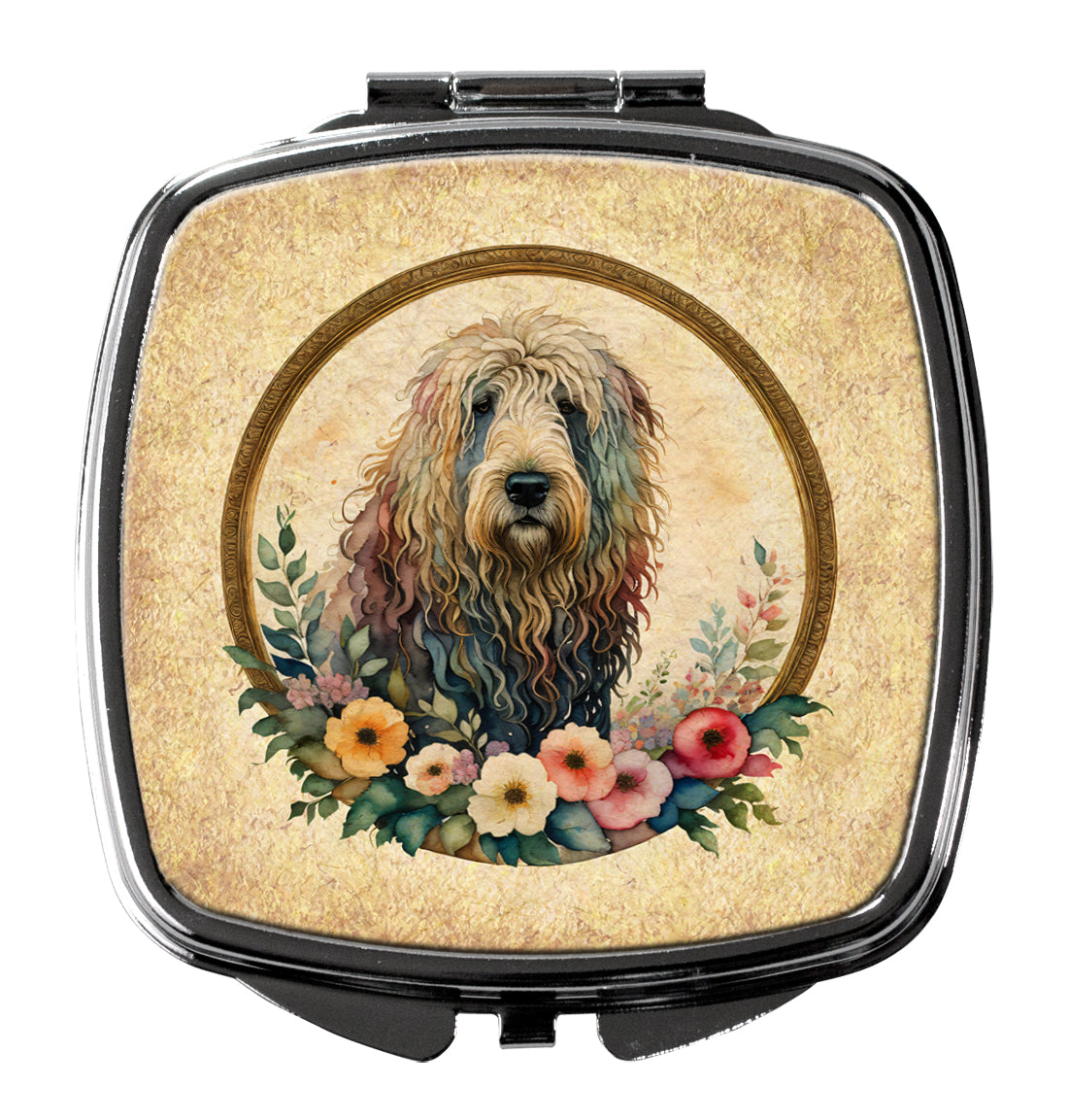 Komondor and Flowers Compact Mirror Decorative Travel Makeup Mirror for Women Girls Gifts Pocket Makeup Mirror Folding Handheld