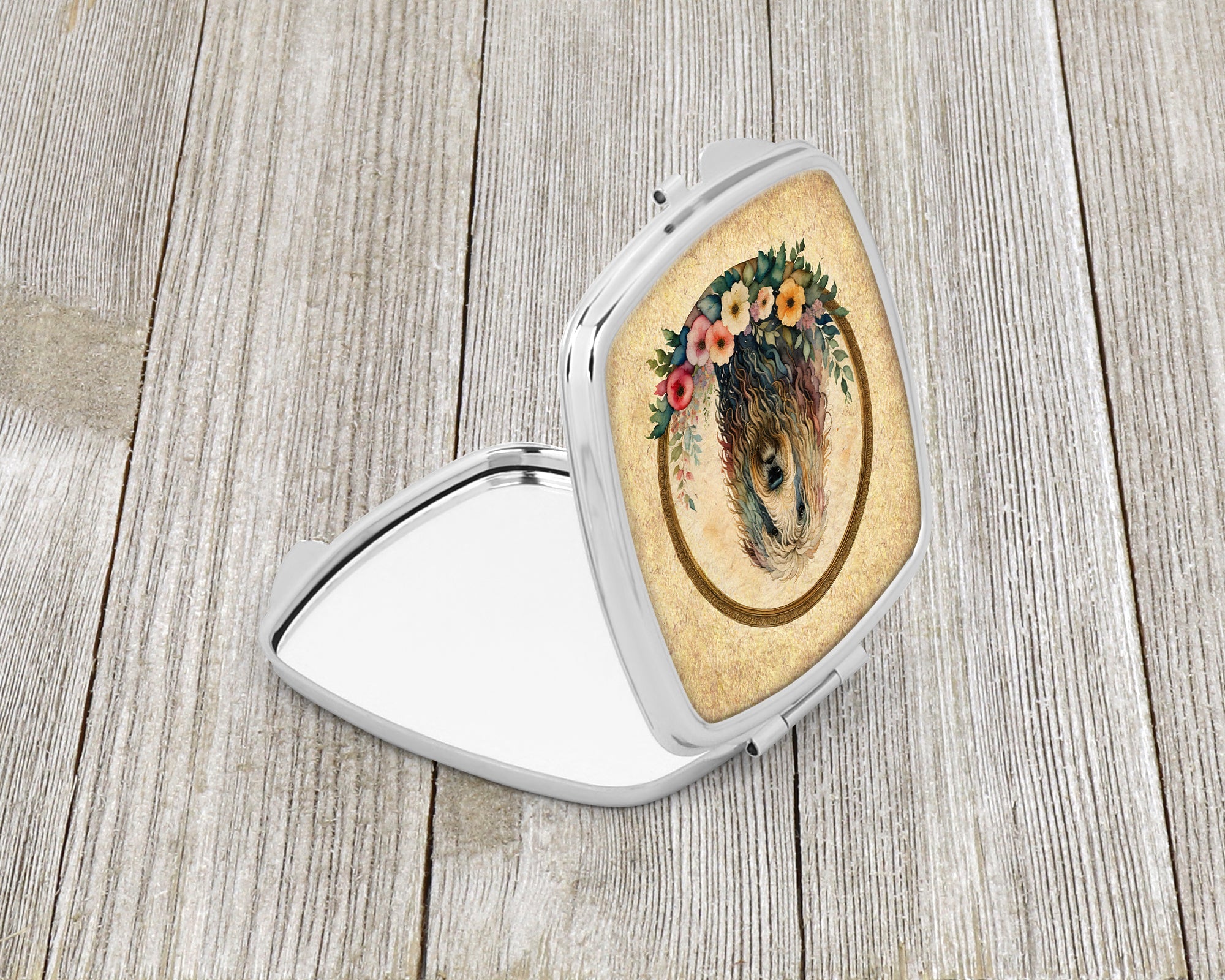 Komondor and Flowers Compact Mirror Decorative Travel Makeup Mirror for Women Girls Gifts Pocket Makeup Mirror Folding Handheld