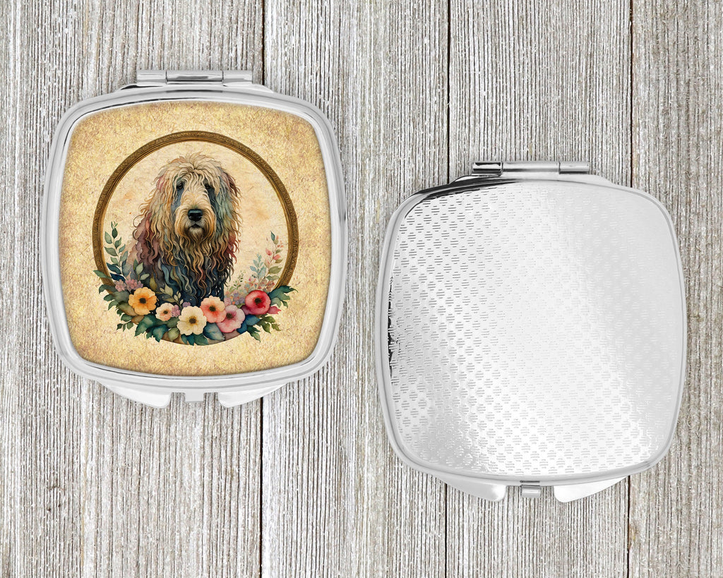Komondor and Flowers Compact Mirror Decorative Travel Makeup Mirror for Women Girls Gifts Pocket Makeup Mirror Folding Handheld
