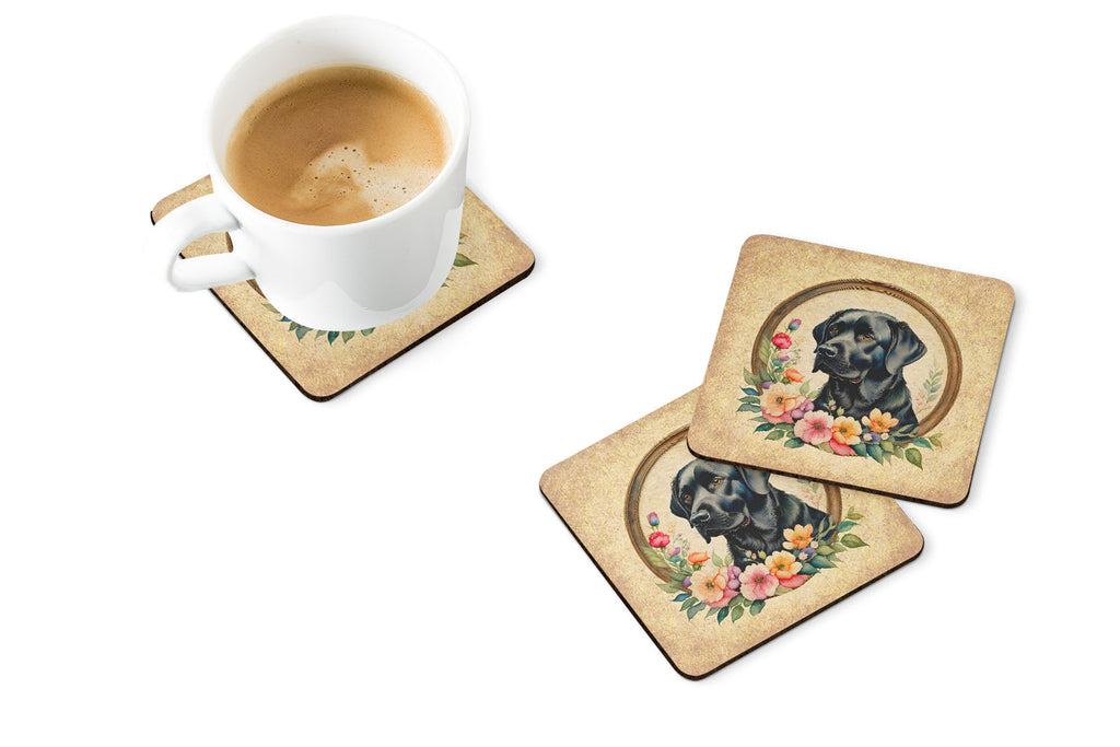 Black Labrador Retriever and Flowers Foam Coasters Set of 4 Cup Coasters for Indoor Outdoor, Tabletop Protection, Anti Slip, Mouse pad Material