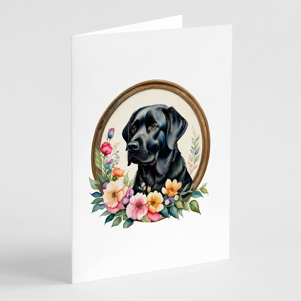 Black Labrador Retriever and Flowers Greeting Cards Pack of 8 Blank Cards with Envelopes Whimsical A7 Size 5x7