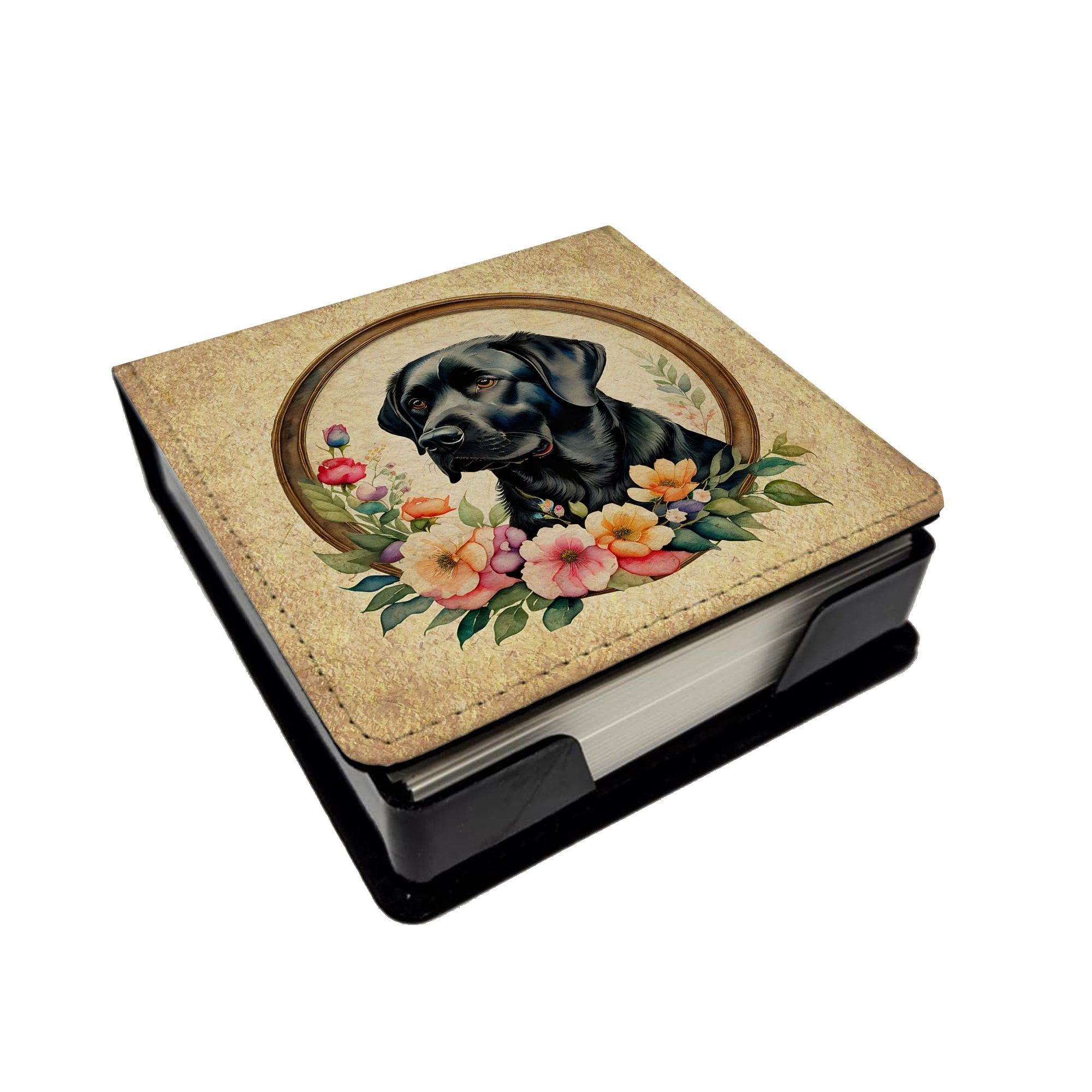 Black Labrador Retriever and Flowers PU Leather Note Paper Holder with Artist-Designed Cover, Desk Accessory, Office Gift