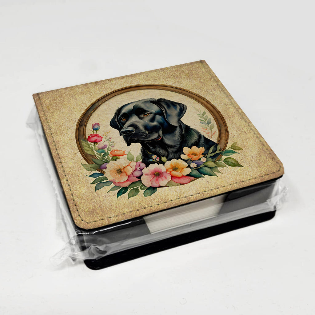 Black Labrador Retriever and Flowers PU Leather Note Paper Holder with Artist-Designed Cover, Desk Accessory, Office Gift