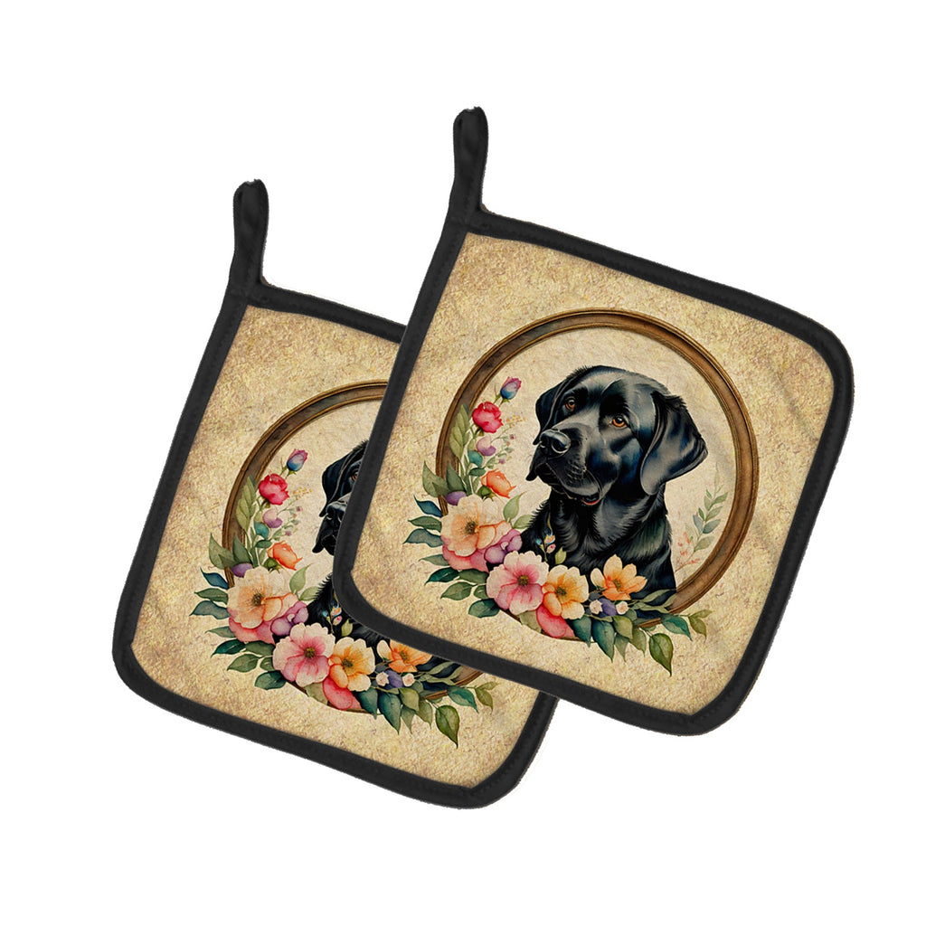 Black Labrador Retriever and Flowers Pot Holder Set of 2 Heat Resistant Quilted Hot Pads 7.5 x 7.5 Inch, Insulated Kitchen Trivets for Cooking & Baking