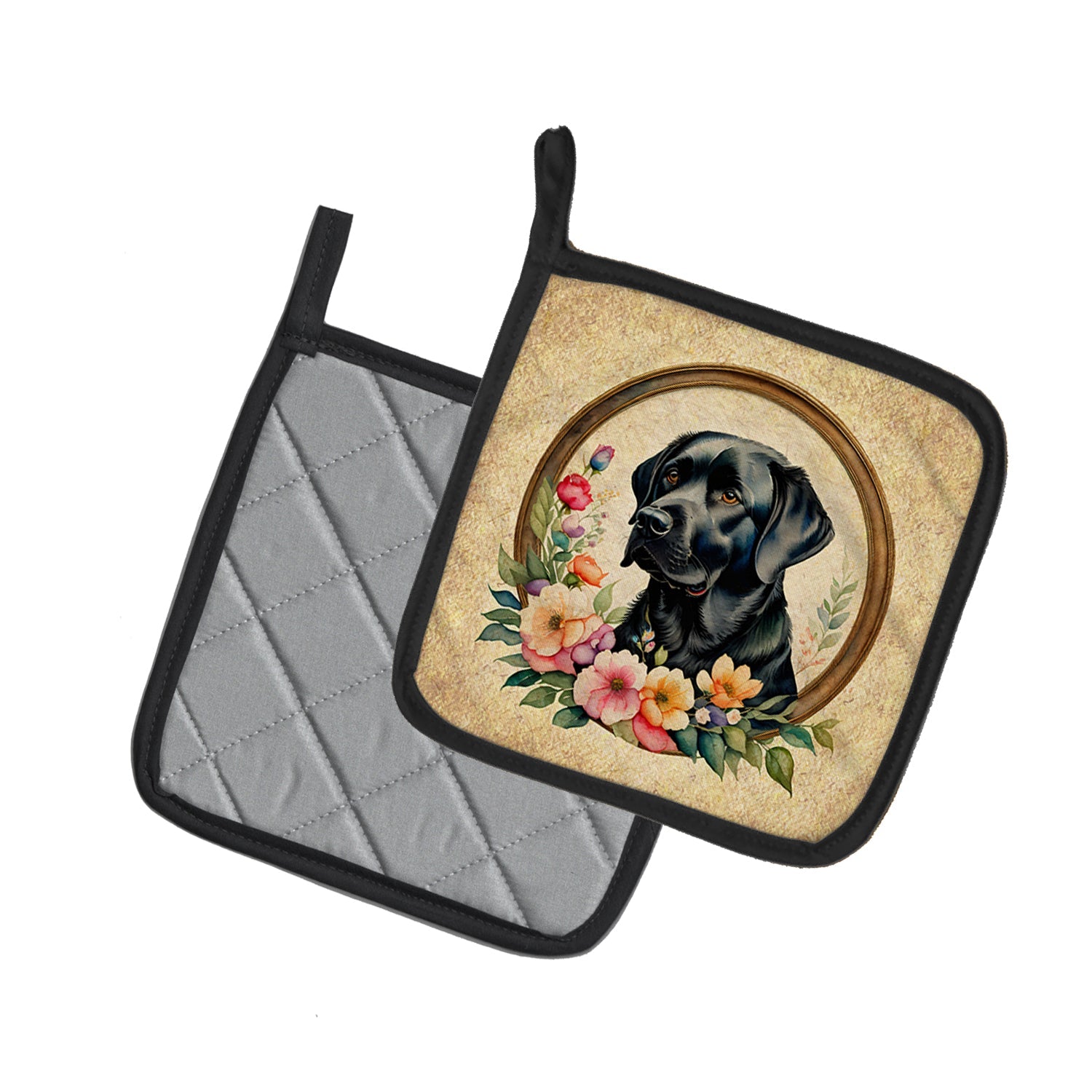 Black Labrador Retriever and Flowers Pot Holder Set of 2 Heat Resistant Quilted Hot Pads 7.5 x 7.5 Inch, Insulated Kitchen Trivets for Cooking & Baking