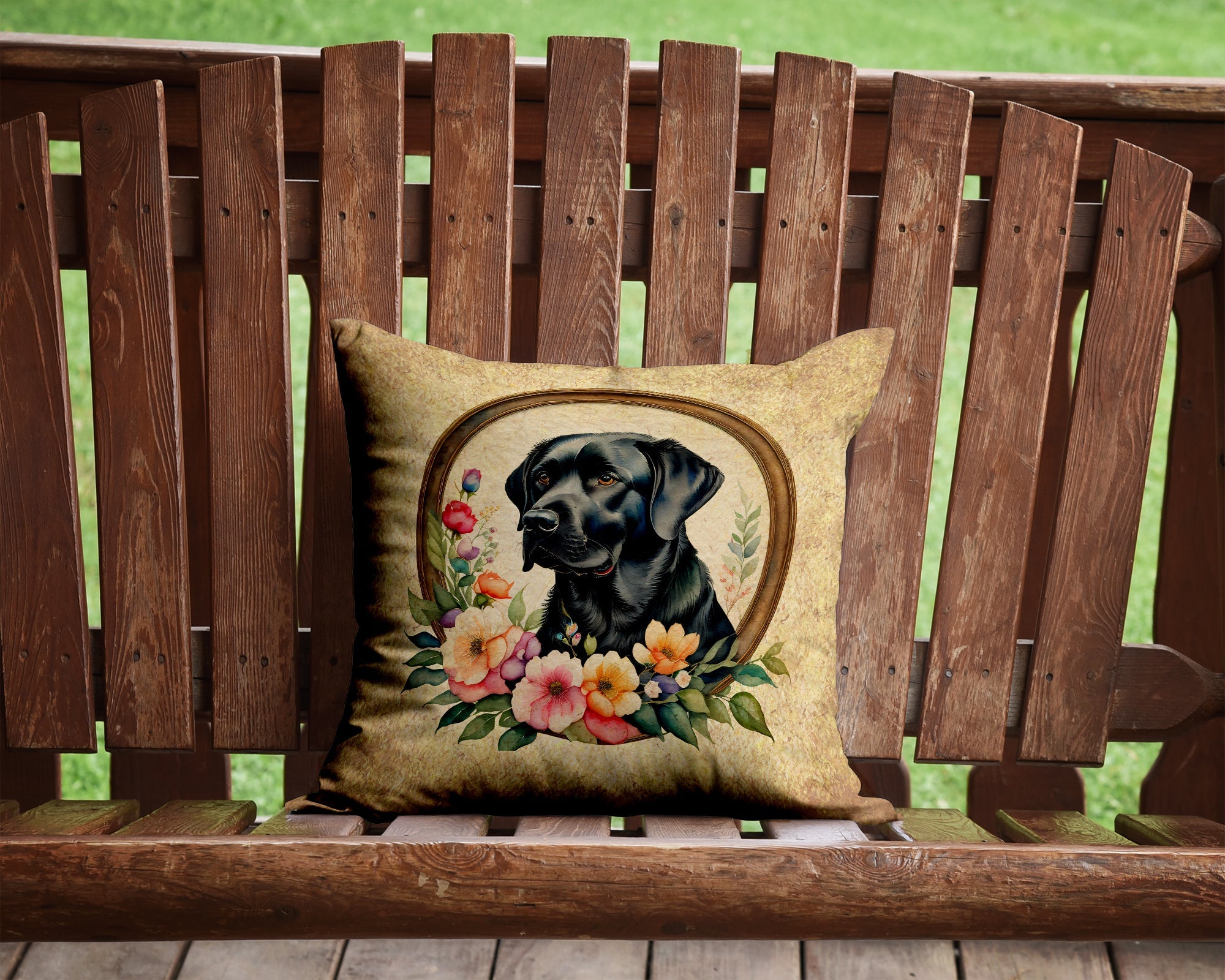 Black Labrador Retriever and Flowers Decorative Throw Pillow 14x14 Indoor Outdoor Accent Cushion, Fabric Cover with Insert for Sofa, Bed, Porch & Living Room