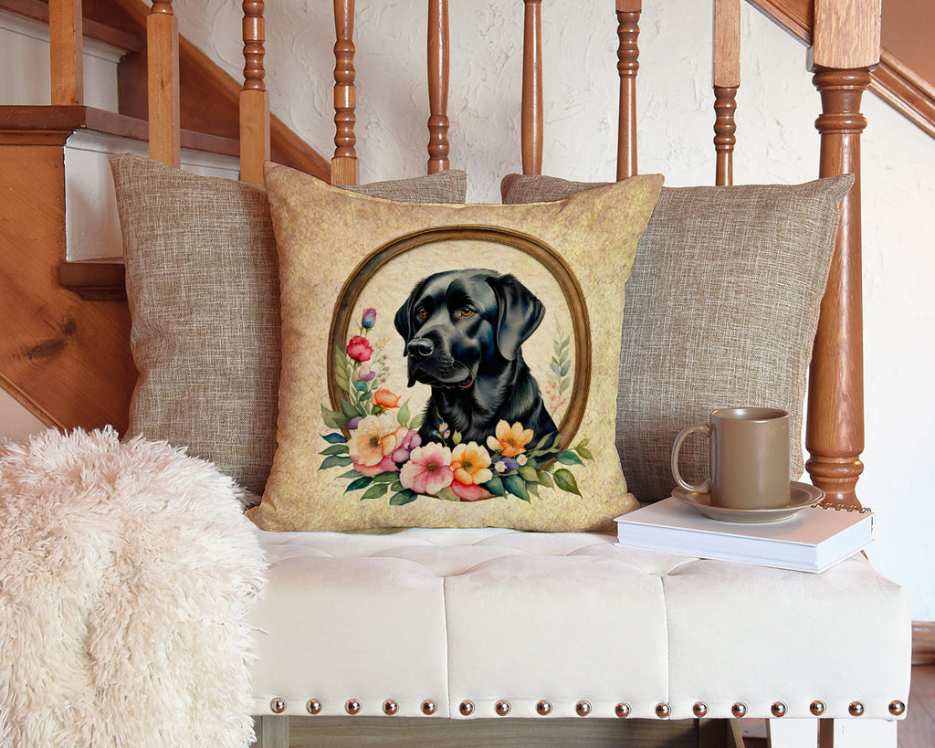 Black Labrador Retriever and Flowers Decorative Throw Pillow 14x14 Indoor Outdoor Accent Cushion, Fabric Cover with Insert for Sofa, Bed, Porch & Living Room