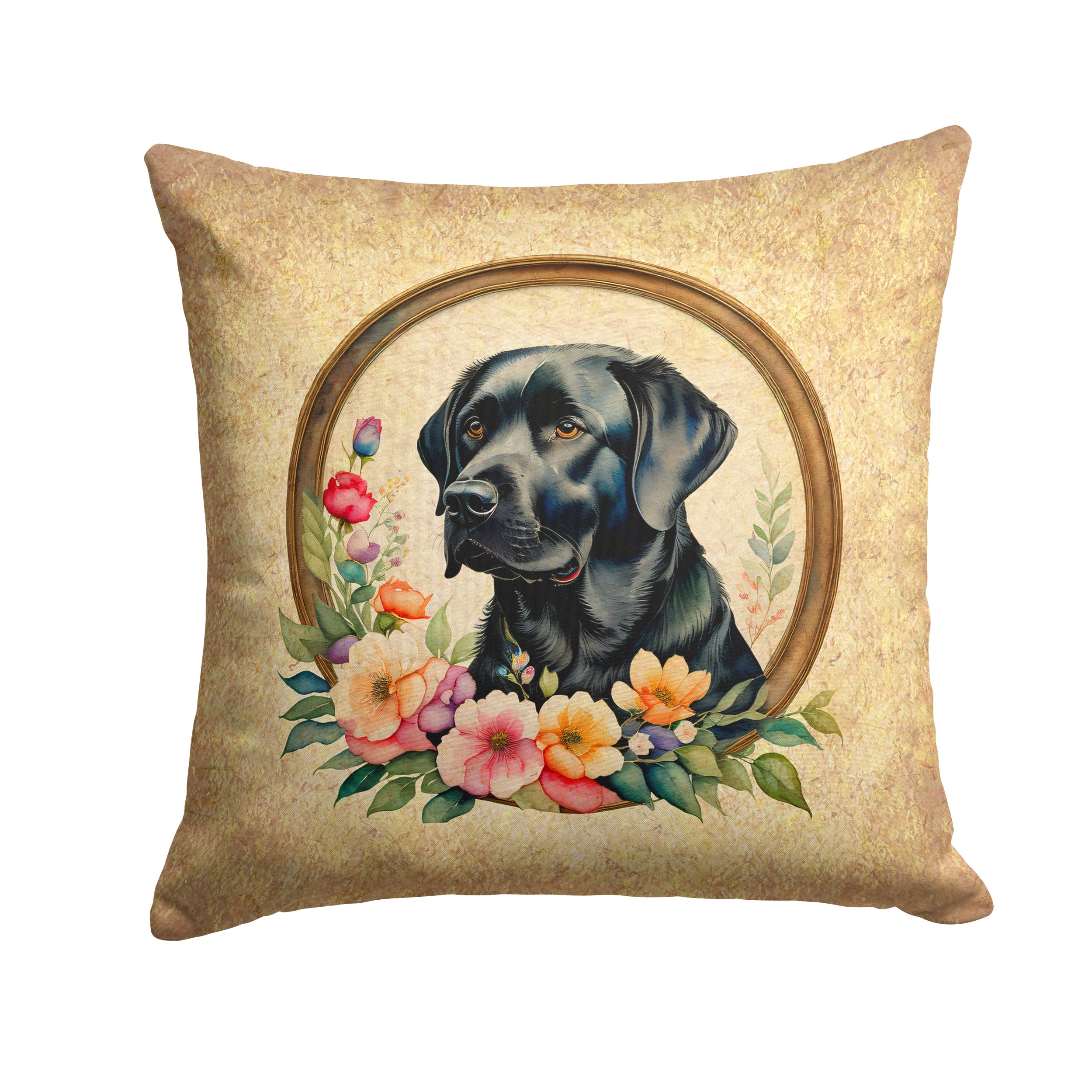 Black Labrador Retriever and Flowers Decorative Throw Pillow 18x18 Indoor Outdoor Accent Cushion, Fabric Cover with Insert for Sofa, Bed, Porch & Living Room
