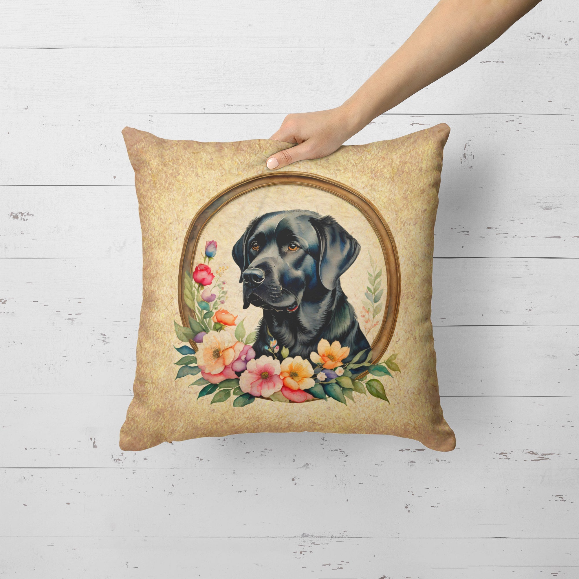 Black Labrador Retriever and Flowers Decorative Throw Pillow 18x18 Indoor Outdoor Accent Cushion, Fabric Cover with Insert for Sofa, Bed, Porch & Living Room