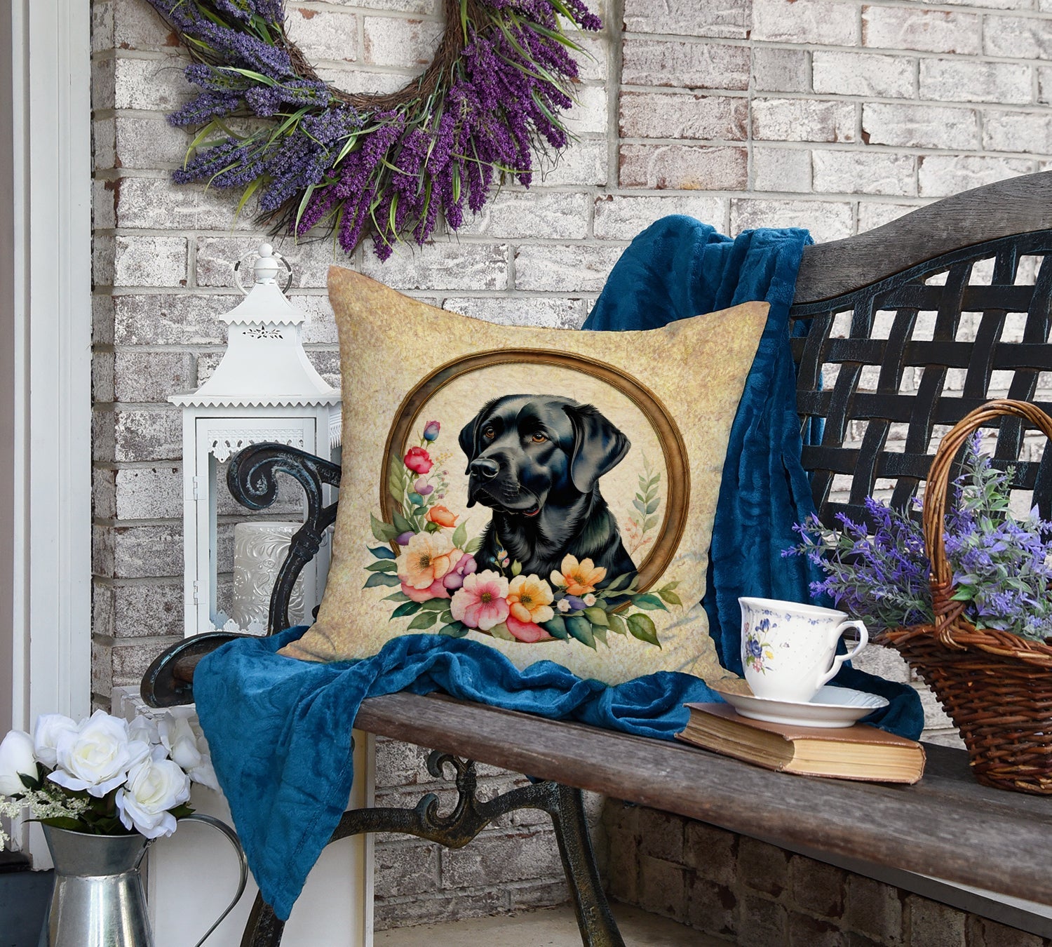 Black Labrador Retriever and Flowers Decorative Throw Pillow 18x18 Indoor Outdoor Accent Cushion, Fabric Cover with Insert for Sofa, Bed, Porch & Living Room