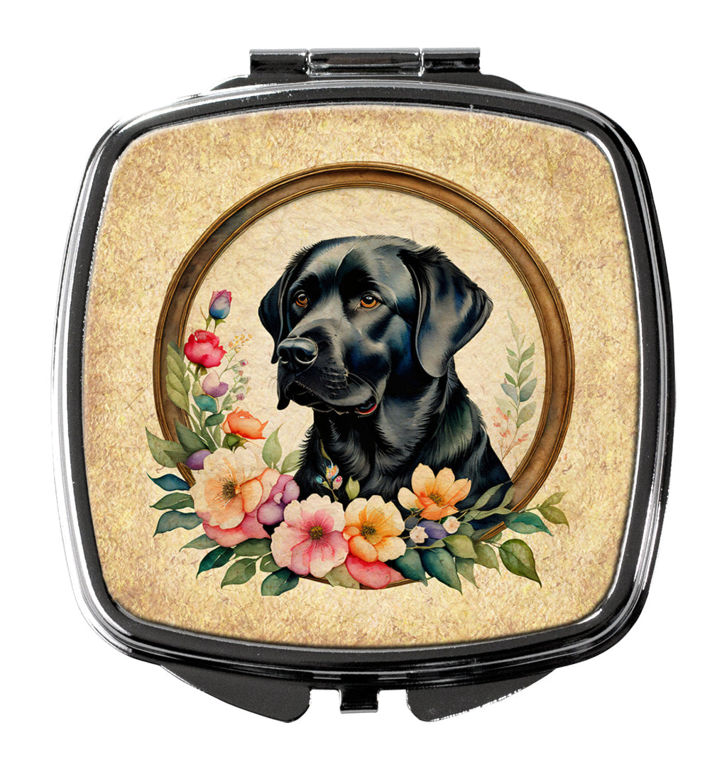 Black Labrador Retriever and Flowers Compact Mirror Decorative Travel Makeup Mirror for Women Girls Gifts Pocket Makeup Mirror Folding Handheld