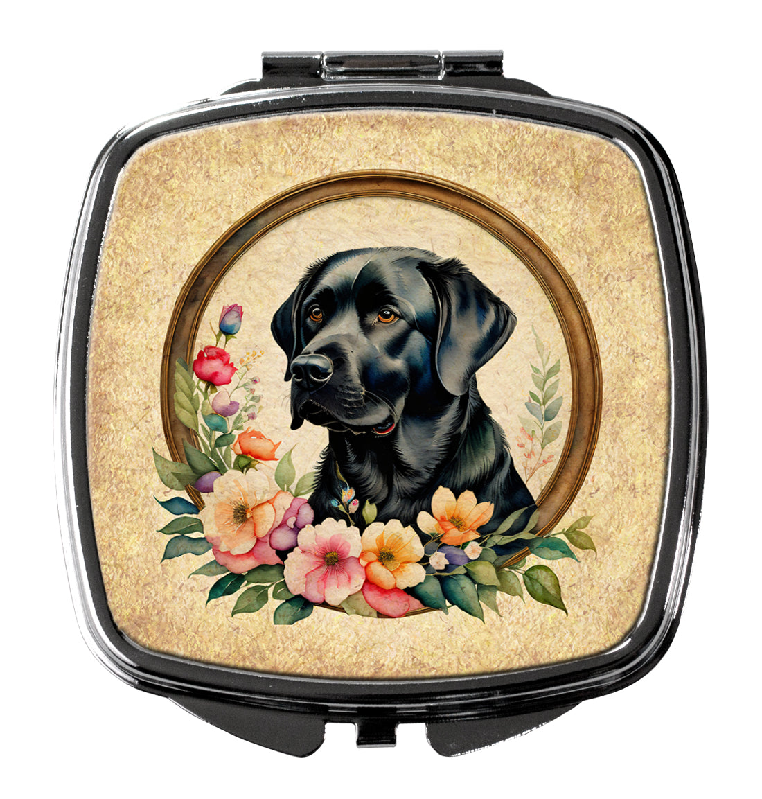 Black Labrador Retriever and Flowers Compact Mirror Decorative Travel Makeup Mirror for Women Girls Gifts Pocket Makeup Mirror Folding Handheld
