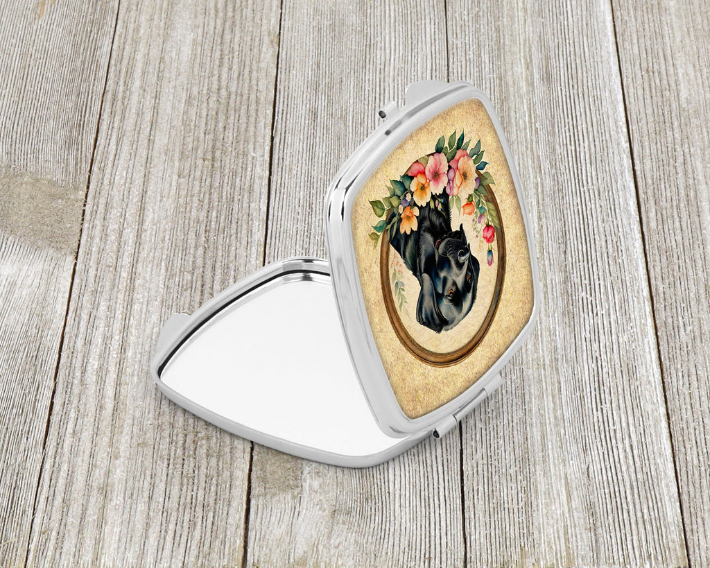 Black Labrador Retriever and Flowers Compact Mirror Decorative Travel Makeup Mirror for Women Girls Gifts Pocket Makeup Mirror Folding Handheld