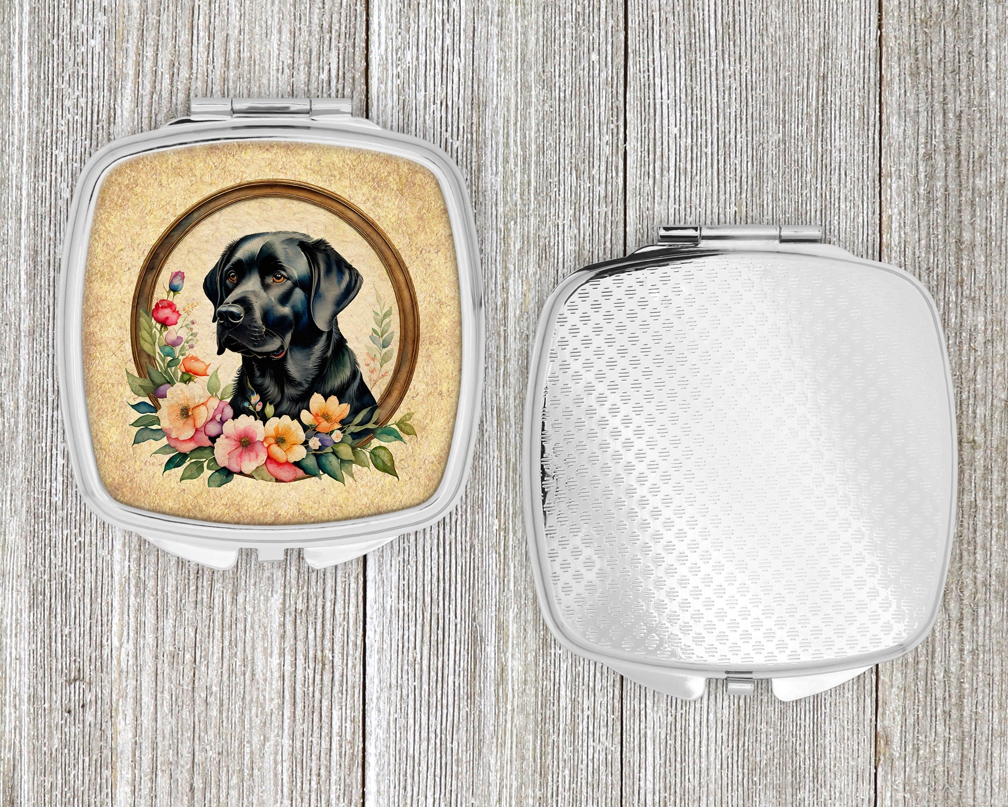 Black Labrador Retriever and Flowers Compact Mirror Decorative Travel Makeup Mirror for Women Girls Gifts Pocket Makeup Mirror Folding Handheld