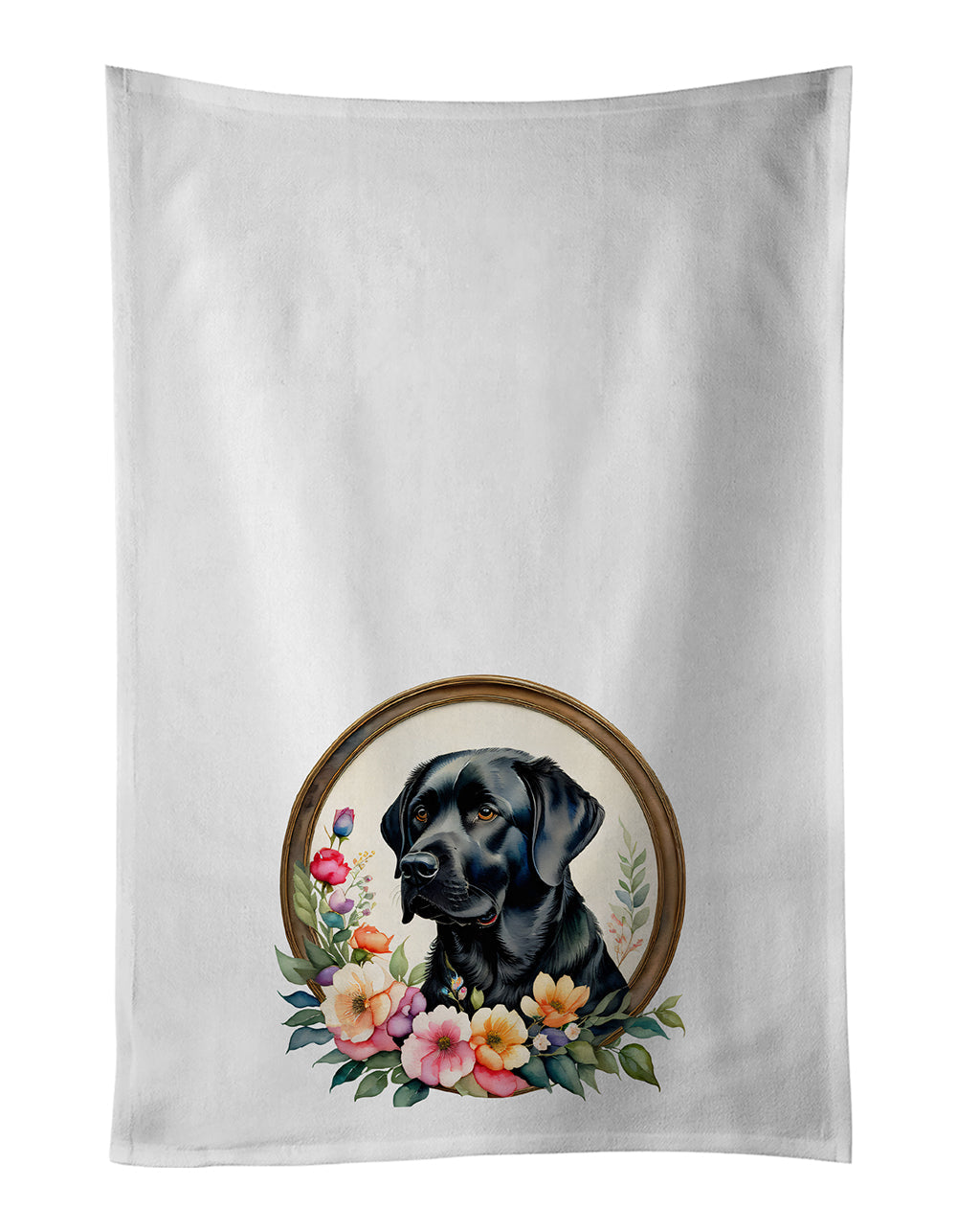 Black Labrador Retriever and Flowers Kitchen Towel Set of 2 White Dish Towels Decorative Bathroom Hand towel for Hand, Face, Hair, Yoga, Tea, Dishcloth, 19 X 28", White