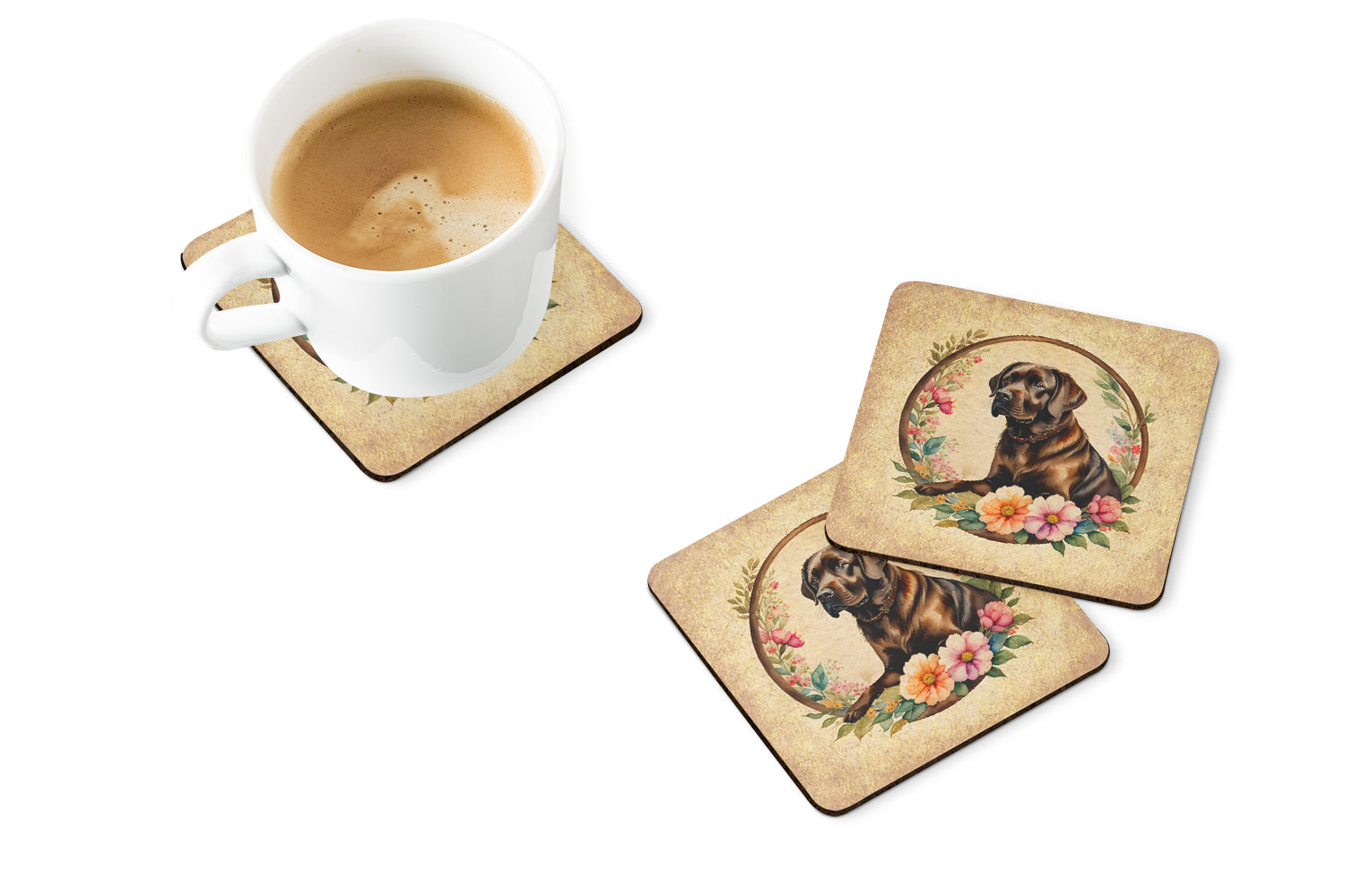 Chocolate Labrador Retriever and Flowers Foam Coasters Set of 4 Cup Coasters for Indoor Outdoor, Tabletop Protection, Anti Slip, Mouse pad Material