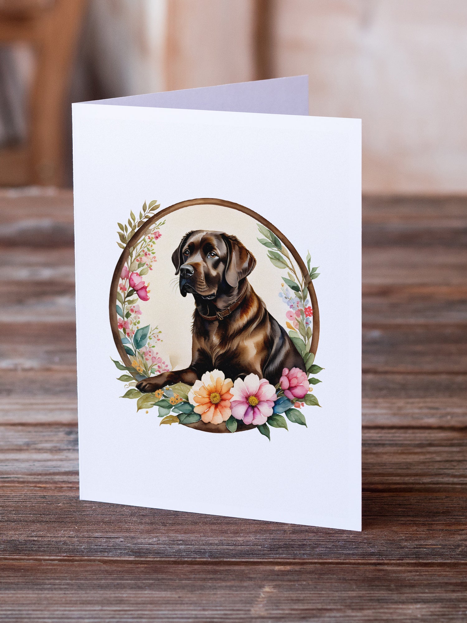 Chocolate Labrador Retriever and Flowers Greeting Cards Pack of 8 Blank Cards with Envelopes Whimsical A7 Size 5x7
