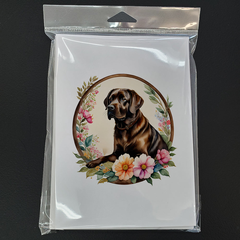 Chocolate Labrador Retriever and Flowers Greeting Cards Pack of 8 Blank Cards with Envelopes Whimsical A7 Size 5x7