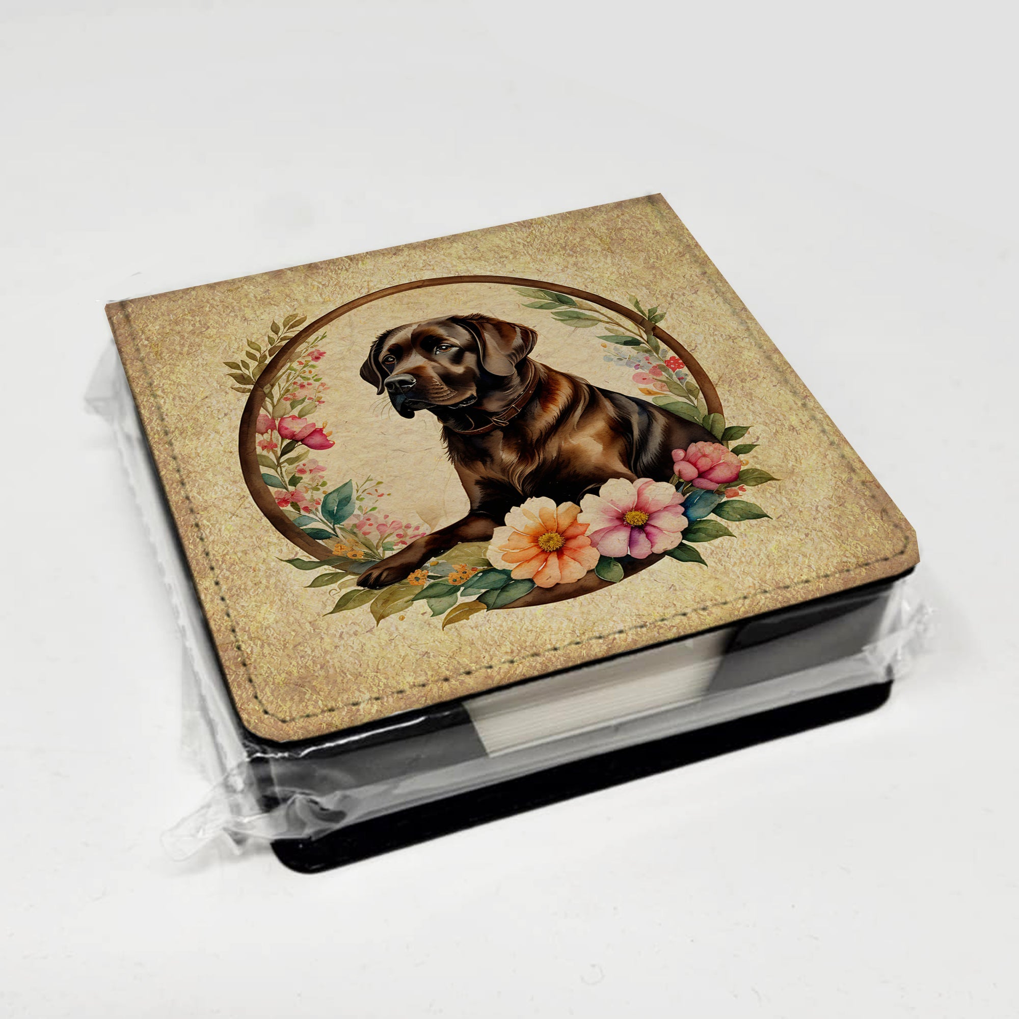 Chocolate Labrador Retriever and Flowers PU Leather Note Paper Holder with Artist-Designed Cover, Desk Accessory, Office Gift
