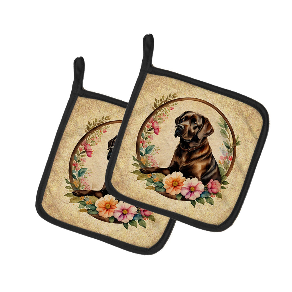 Chocolate Labrador Retriever and Flowers Pot Holder Set of 2 Heat Resistant Quilted Hot Pads 7.5 x 7.5 Inch, Insulated Kitchen Trivets for Cooking & Baking