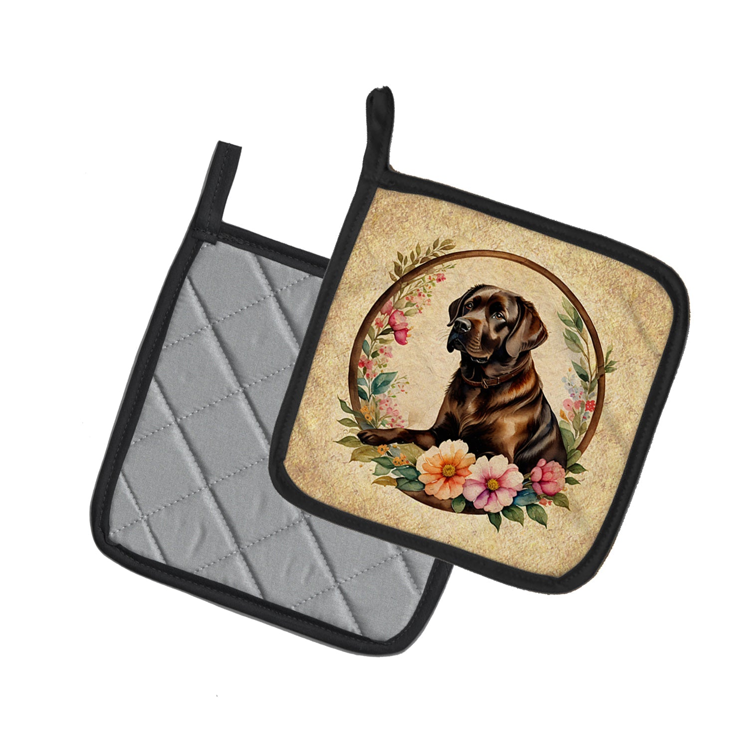 Chocolate Labrador Retriever and Flowers Pot Holder Set of 2 Heat Resistant Quilted Hot Pads 7.5 x 7.5 Inch, Insulated Kitchen Trivets for Cooking & Baking