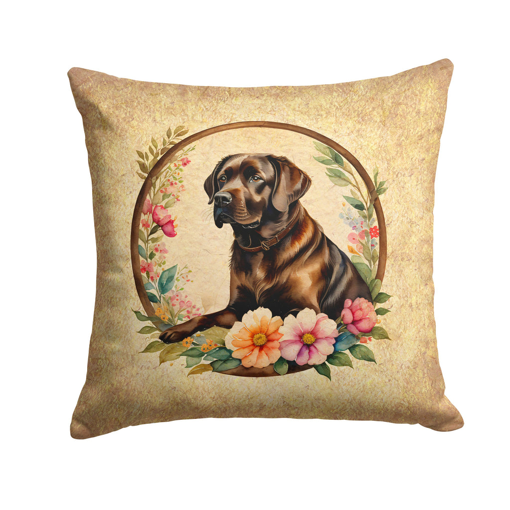 Chocolate Labrador Retriever and Flowers Decorative Throw Pillow 14x14 Indoor Outdoor Accent Cushion, Fabric Cover with Insert for Sofa, Bed, Porch & Living Room