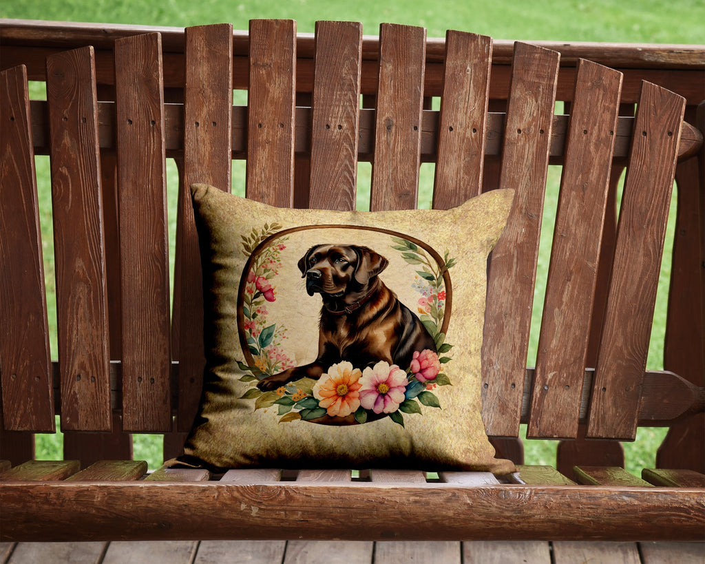 Chocolate Labrador Retriever and Flowers Decorative Throw Pillow 14x14 Indoor Outdoor Accent Cushion, Fabric Cover with Insert for Sofa, Bed, Porch & Living Room