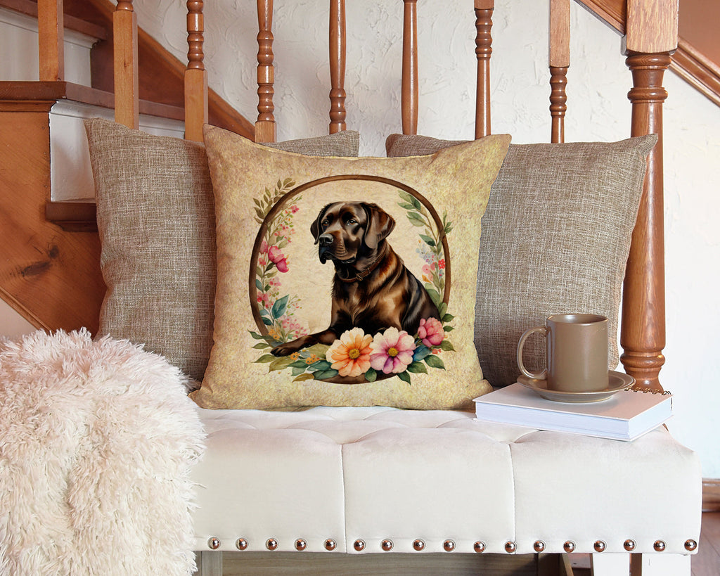 Chocolate Labrador Retriever and Flowers Decorative Throw Pillow 14x14 Indoor Outdoor Accent Cushion, Fabric Cover with Insert for Sofa, Bed, Porch & Living Room